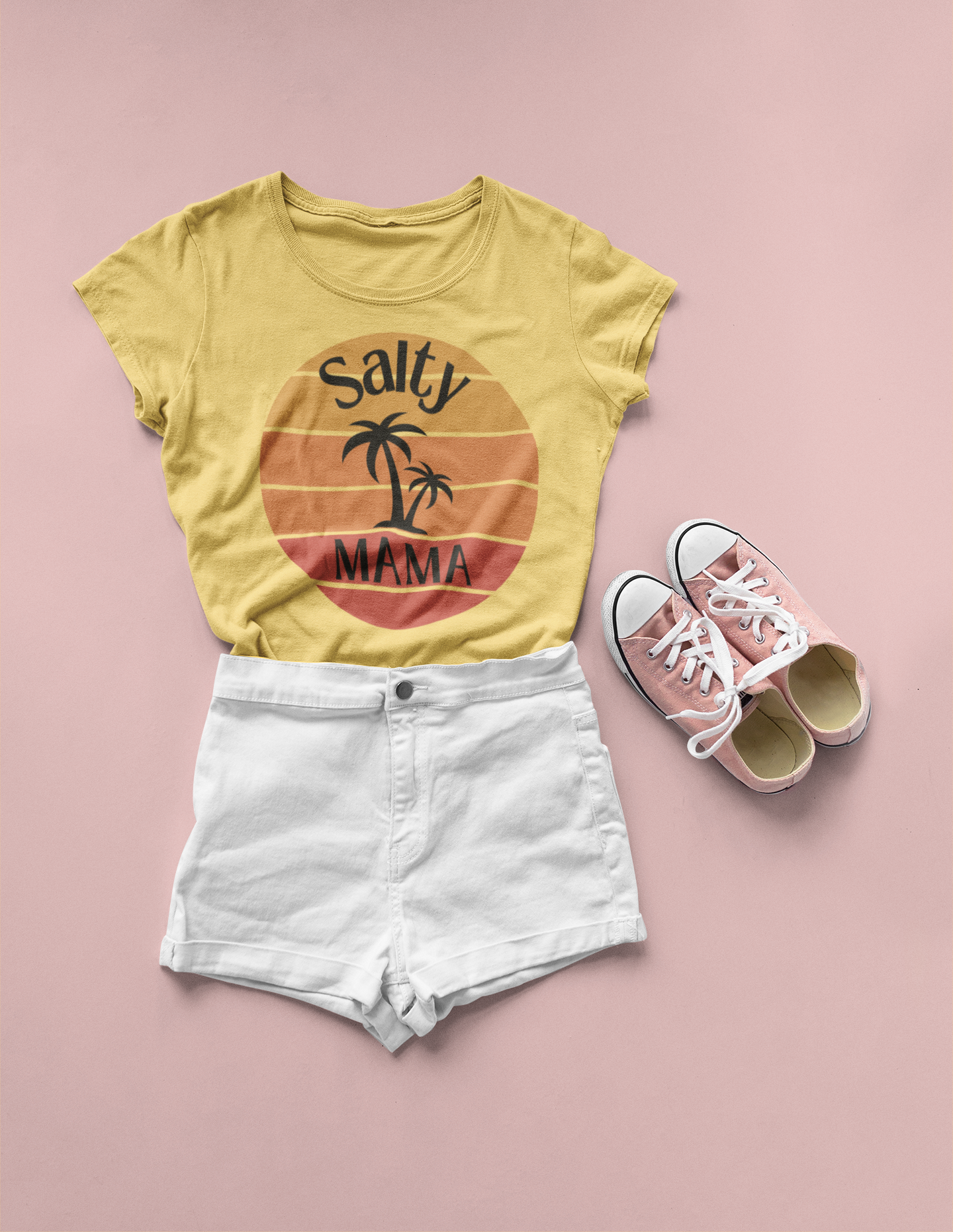 Women's 'Salty Mama' Designer Tee | Retro Beach Sunset & Palm | Stylish Summer Top