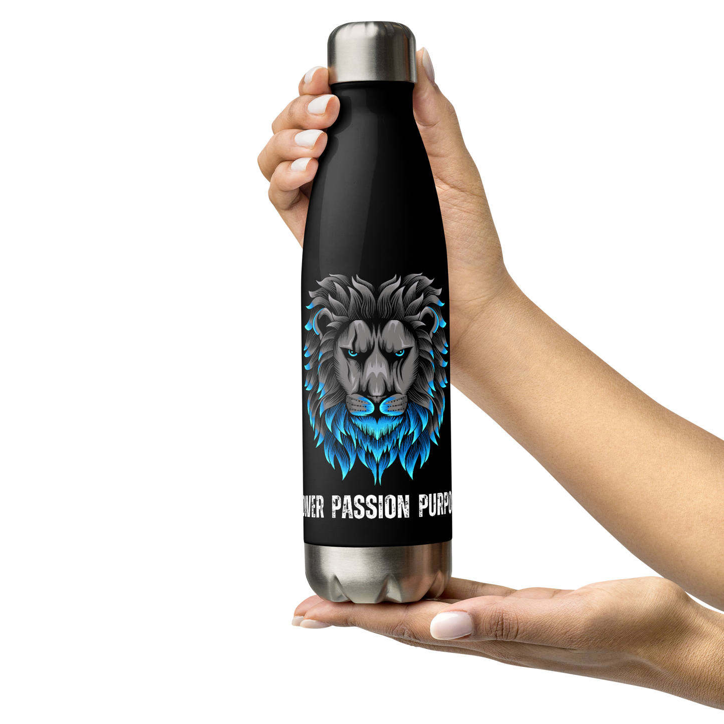 Empowering Men's Black Stainless Steel Water Bottle: Power Passion Purpose with a Bold Lion Design