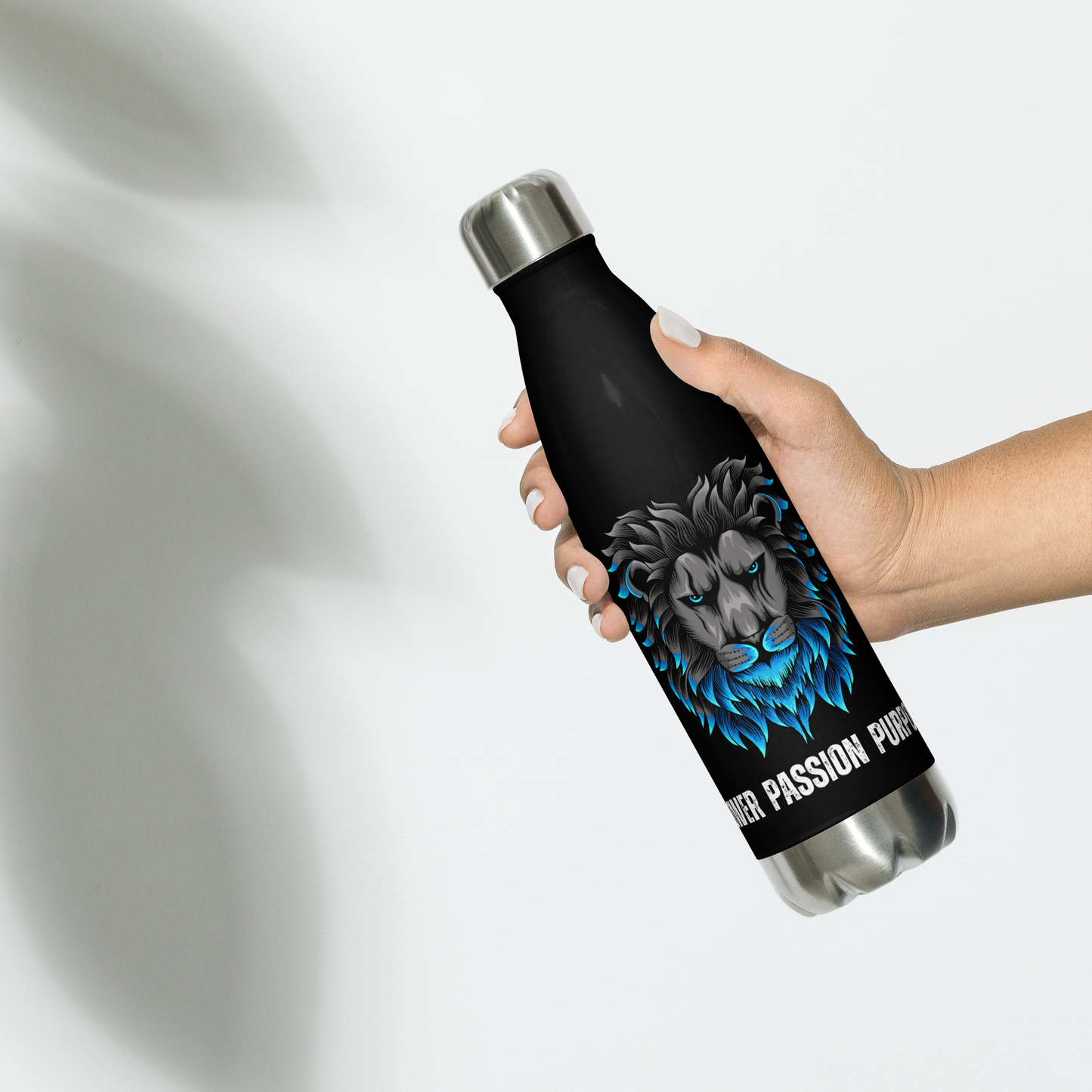 Empowering Men's Black Stainless Steel Water Bottle: Power Passion Purpose with a Bold Lion Design