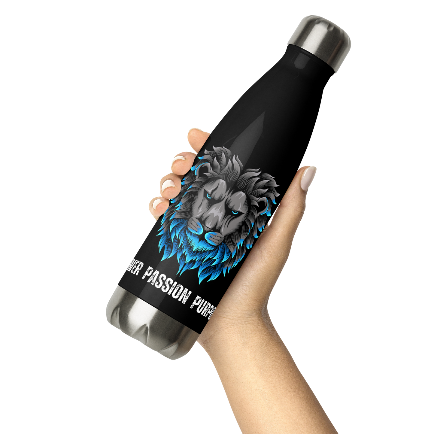 Empowering Men's Black Stainless Steel Water Bottle: Power Passion Purpose with a Bold Lion Design