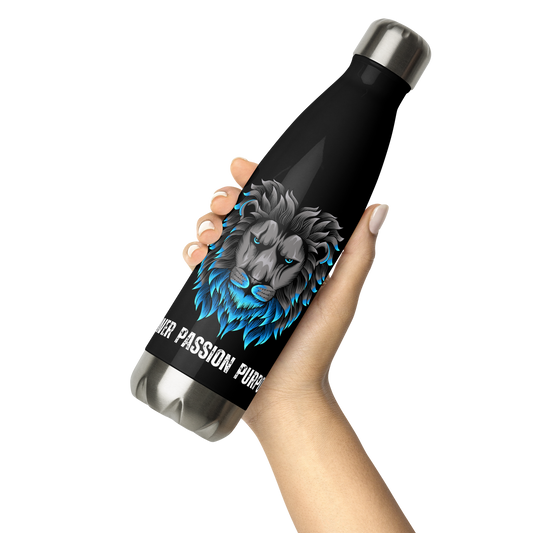 Empowering Men's Black Stainless Steel Water Bottle: Power Passion Purpose with a Bold Lion Design