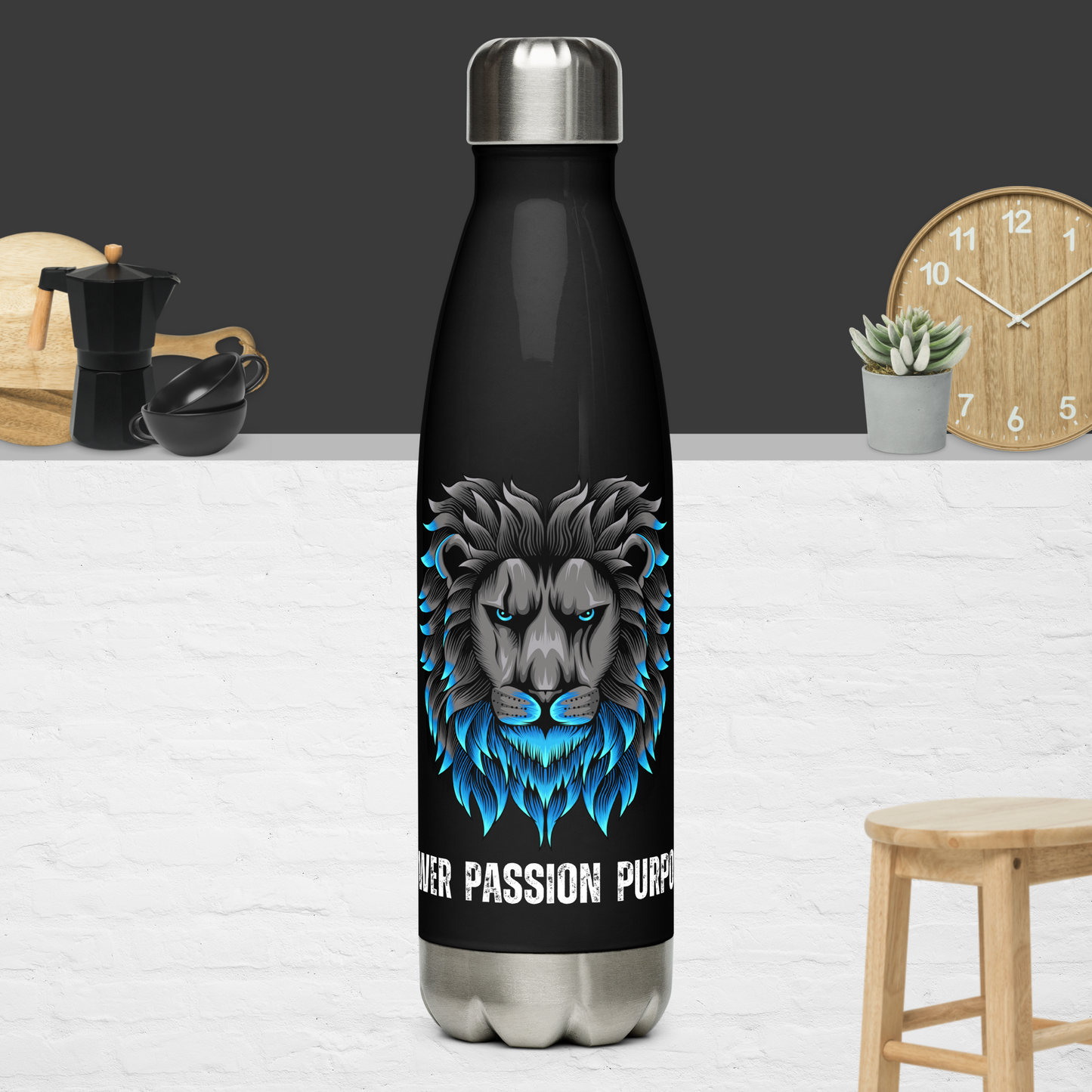 Empowering Men's Black Stainless Steel Water Bottle: Power Passion Purpose with a Bold Lion Design