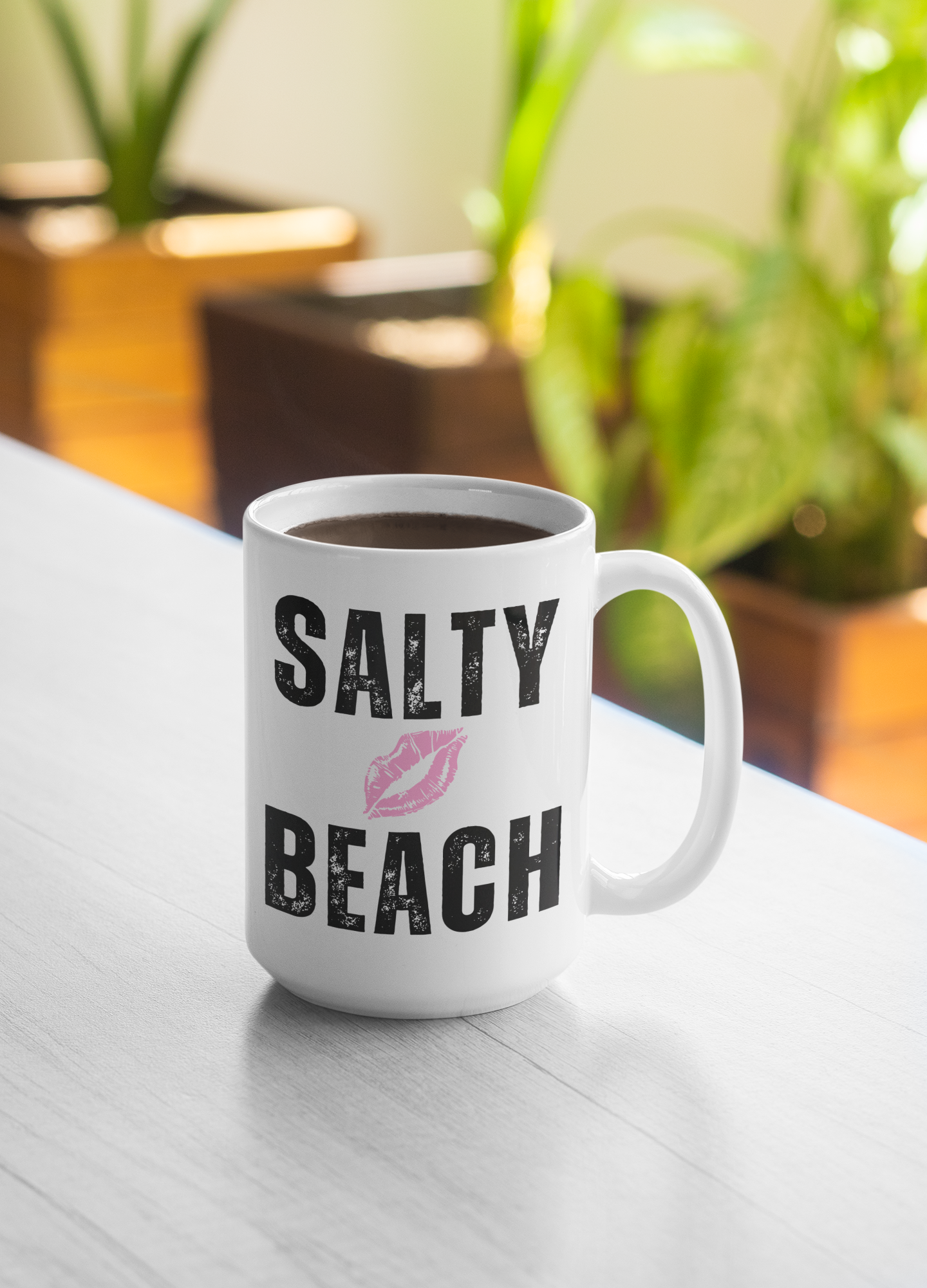 SALTY BEACH Lipstick Kiss 15oz Ceramic Coffee Mug - Playful, Sassy Mug for Beach Lovers