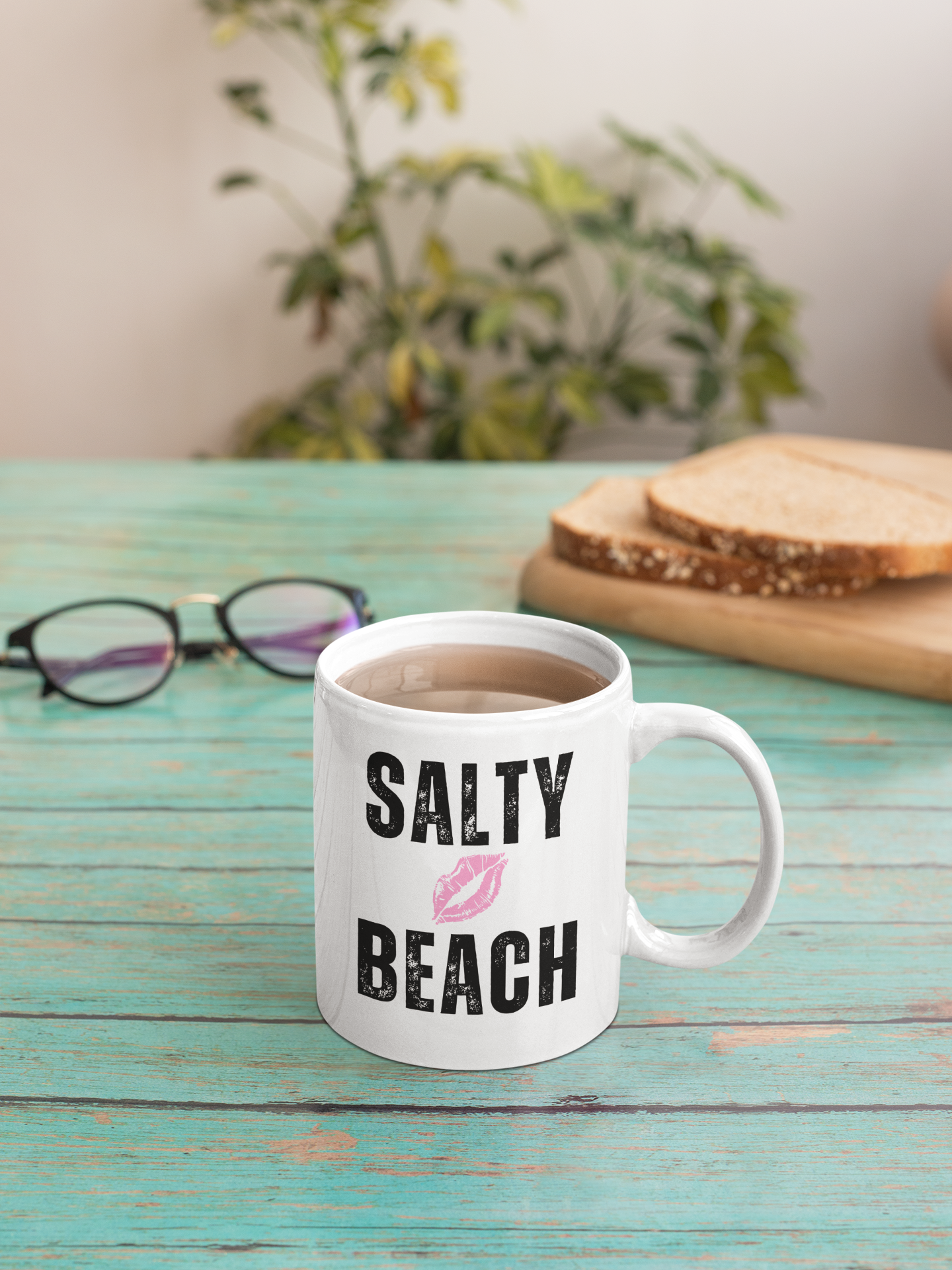 SALTY BEACH Lipstick Kiss 15oz Ceramic Coffee Mug - Playful, Sassy Mug for Beach Lovers