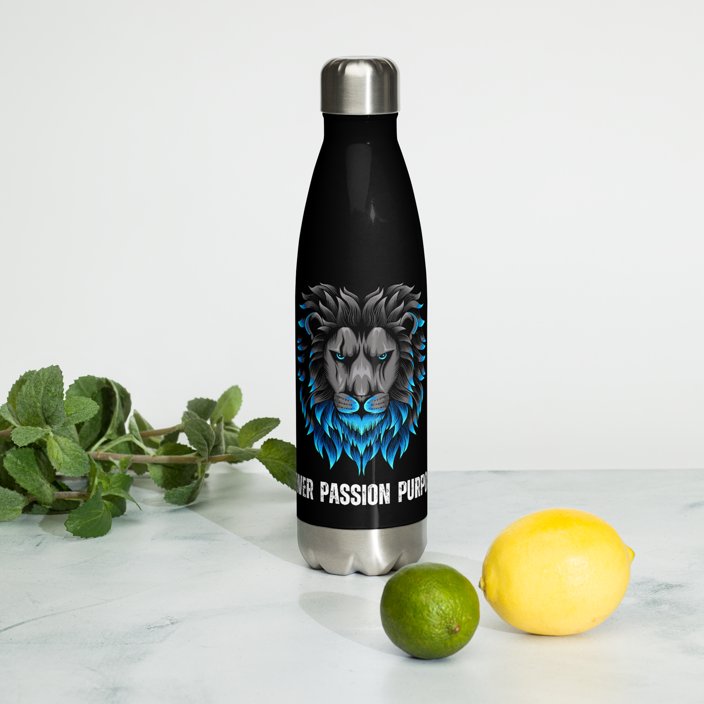 Empowering Men's Black Stainless Steel Water Bottle: Power Passion Purpose with a Bold Lion Design