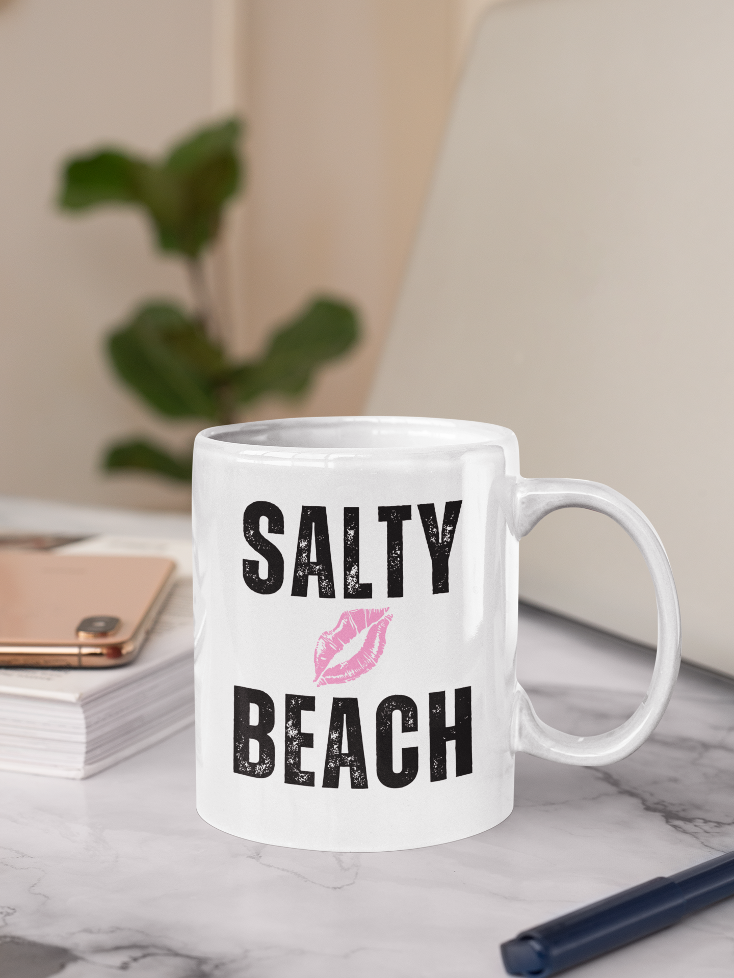 SALTY BEACH Lipstick Kiss 15oz Ceramic Coffee Mug - Playful, Sassy Mug for Beach Lovers