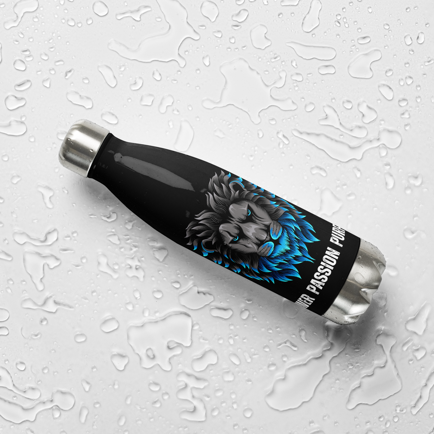 Empowering Men's Black Stainless Steel Water Bottle: Power Passion Purpose with a Bold Lion Design