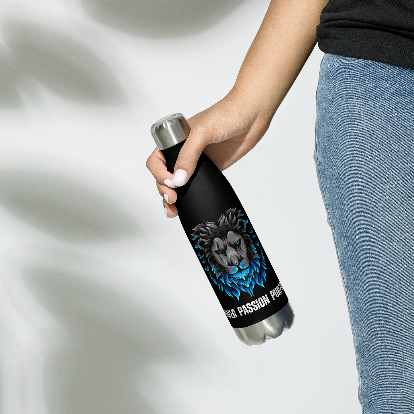 Empowering Men's Black Stainless Steel Water Bottle: Power Passion Purpose with a Bold Lion Design