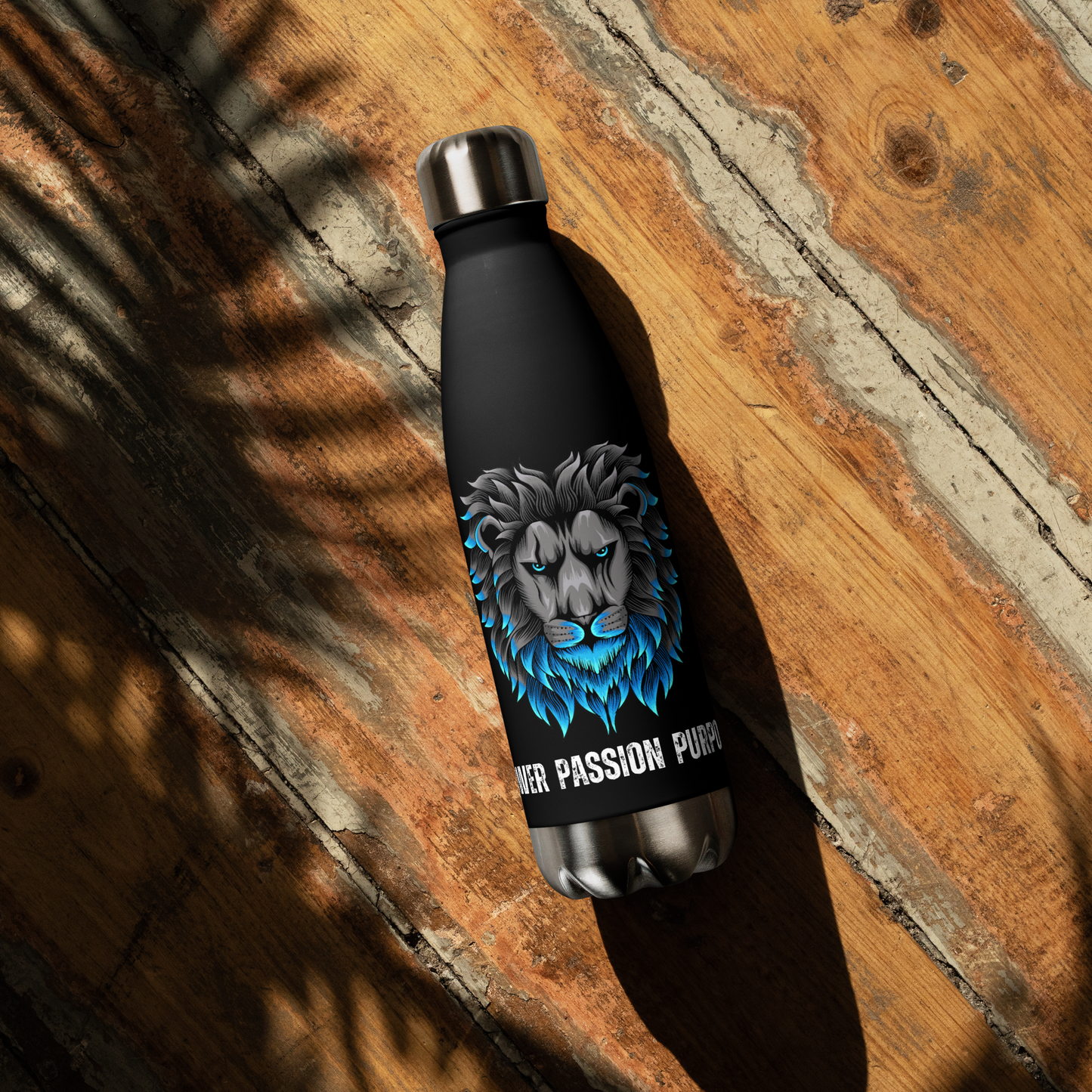 Empowering Men's Black Stainless Steel Water Bottle: Power Passion Purpose with a Bold Lion Design