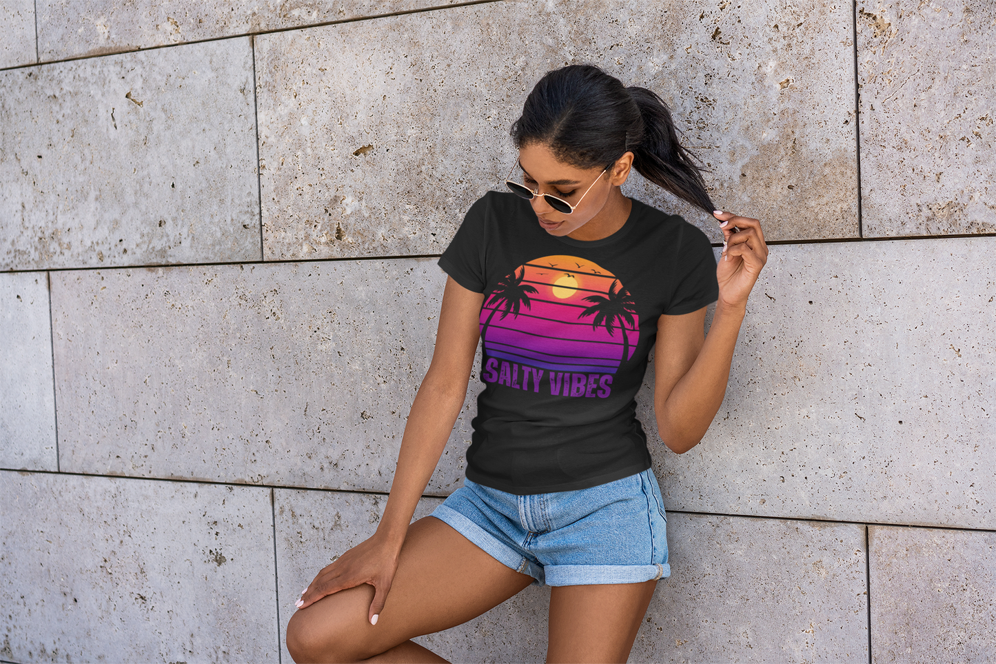 Women's 'SALTY VIBES' Tee Shirt - Designer Beachwear with Retro Sunset Motif