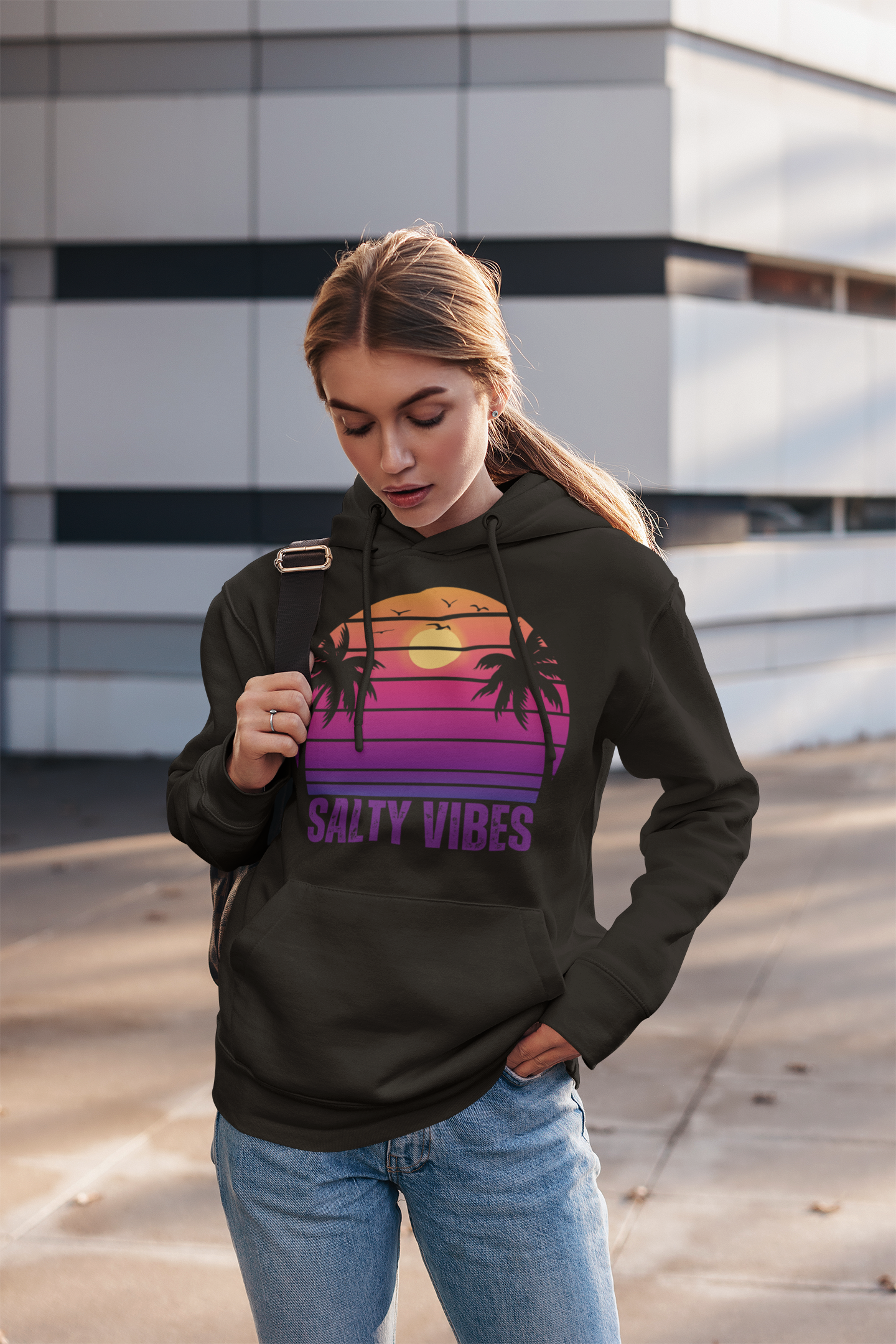 Women's 'SALTY VIBES' Hoodie - Premium Beach Lifestyle Apparel with Sunset Print