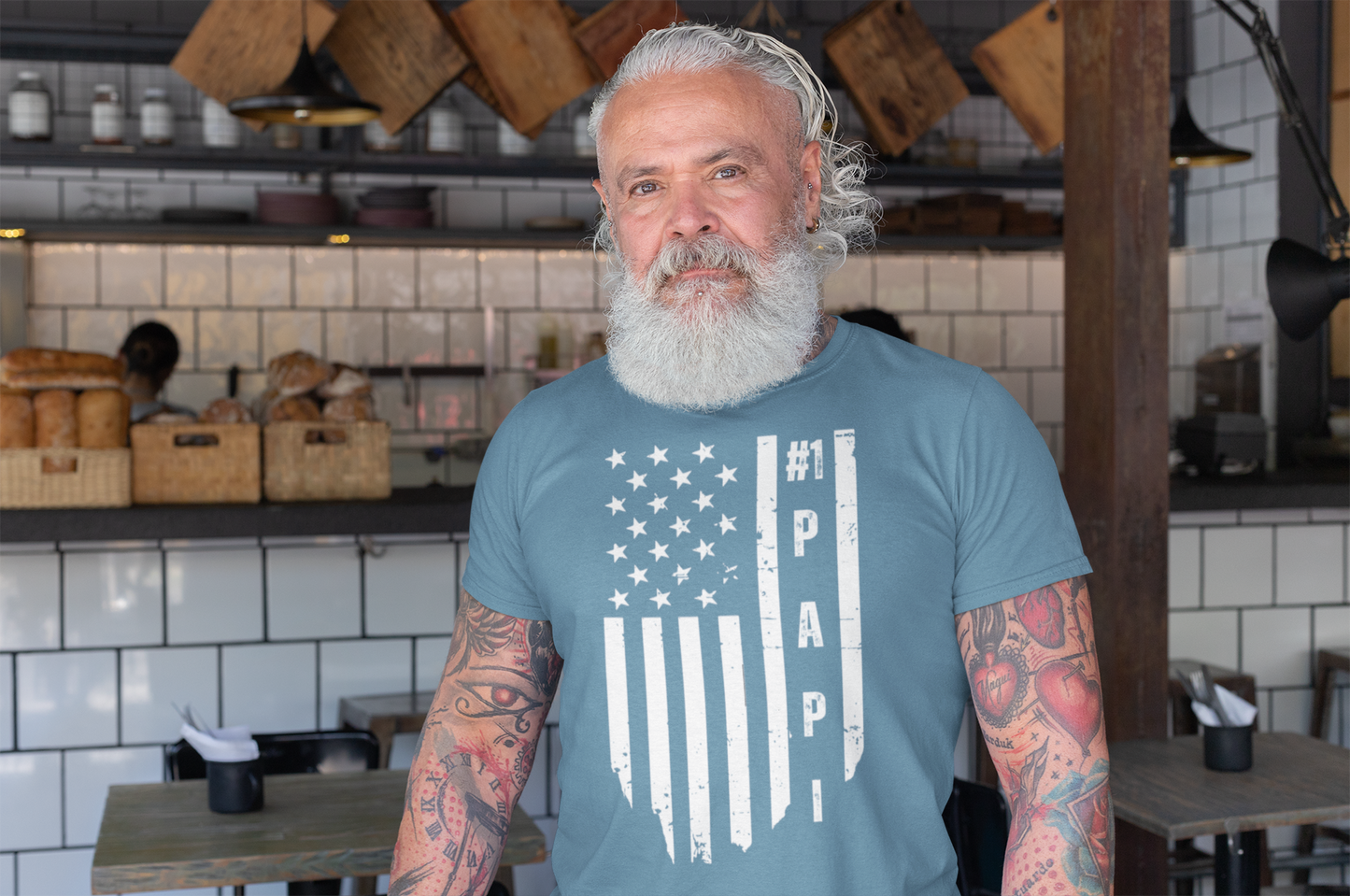 Men's #1 Papi Designer Tee | Faded American Flag Background | Patriotic Father's Day Gift