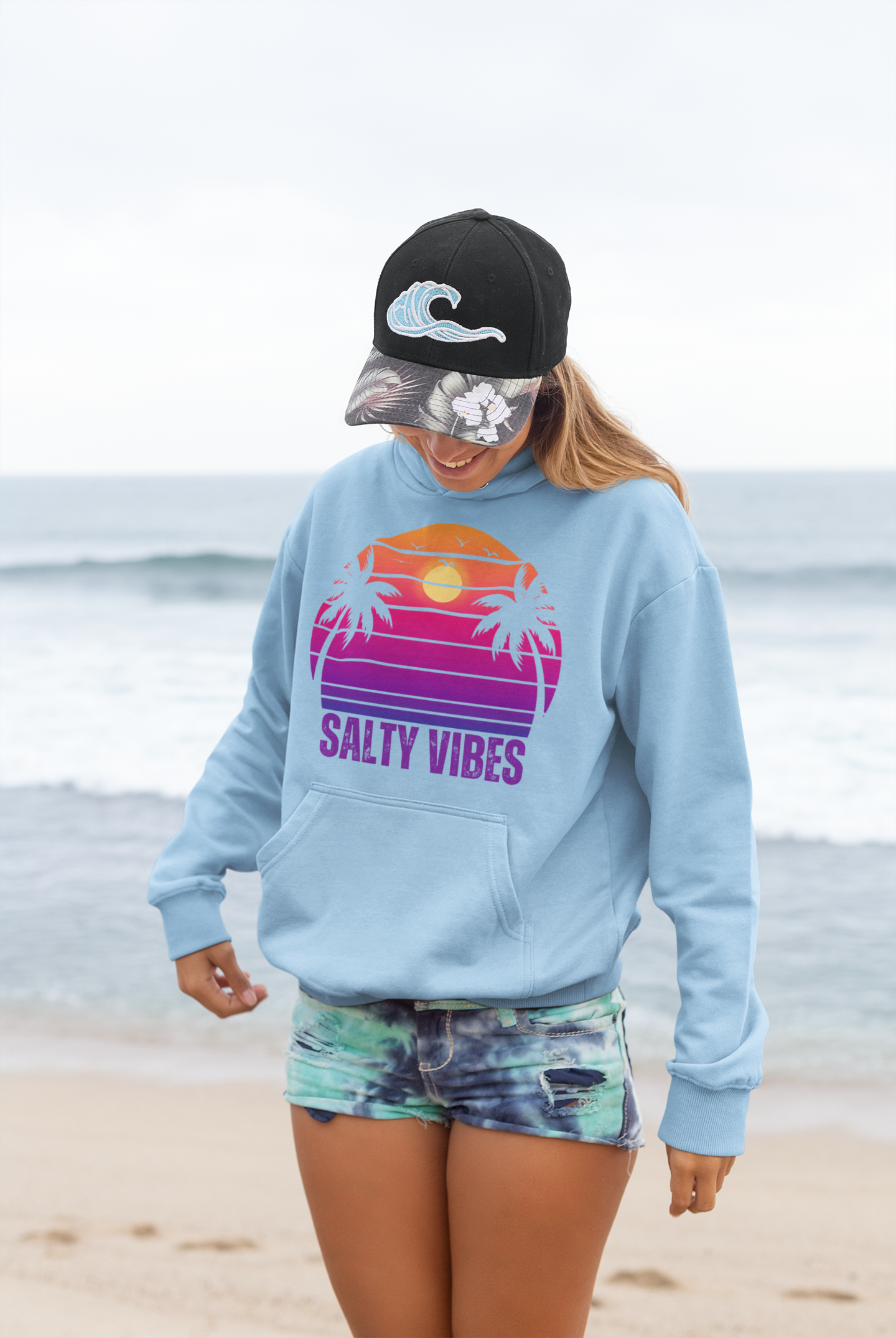 Women's 'SALTY VIBES' Hoodie - Premium Beach Lifestyle Apparel with Sunset Print