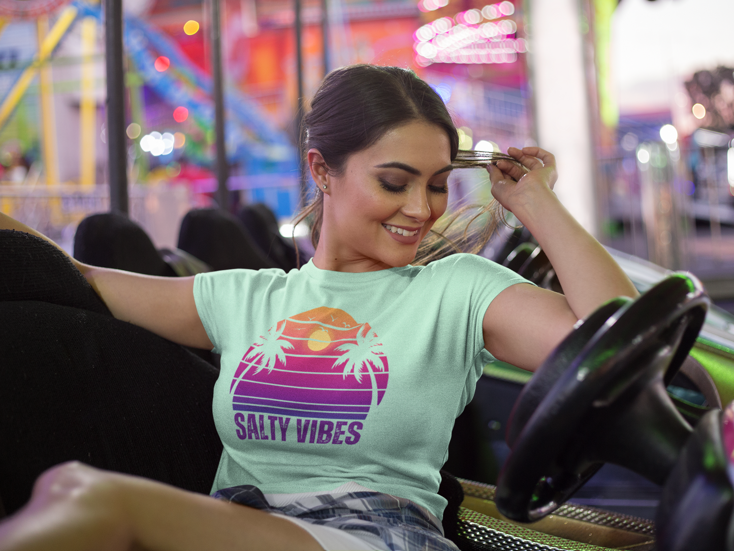 Women's 'SALTY VIBES' Tee Shirt - Designer Beachwear with Retro Sunset Motif