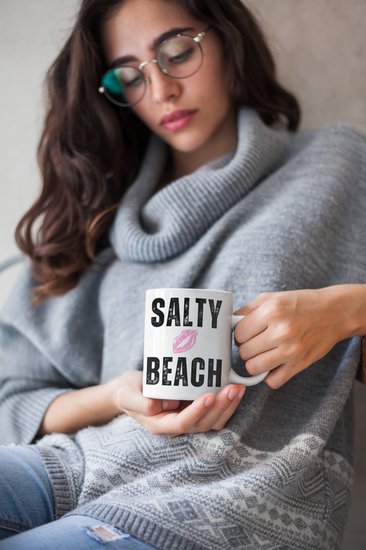 SALTY BEACH Lipstick Kiss 15oz Ceramic Coffee Mug - Playful, Sassy Mug for Beach Lovers