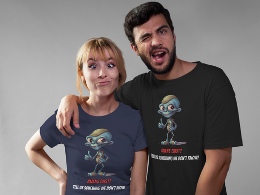 Unisex 'Aliens Exist?' Premium Tee - Fun Cartoon Alien Design - Comfortable Cotton Shirt for Men & Women - Unique Extraterrestrial Apparel