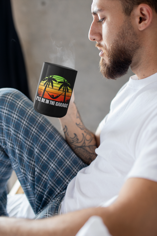 I'LL BE IN THE GARAGE - Retro Sunset 15oz Mug