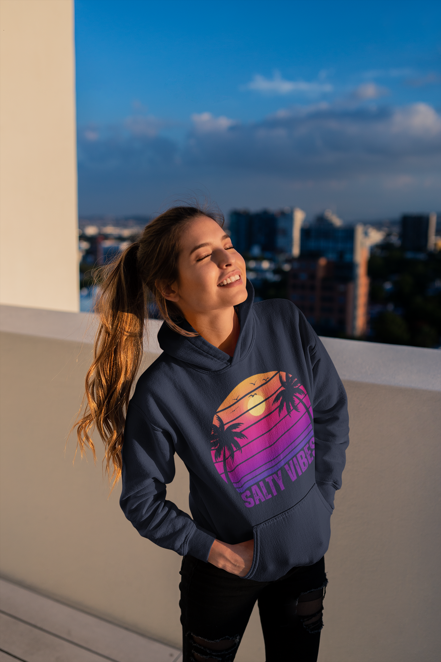 Women's 'SALTY VIBES' Hoodie - Premium Beach Lifestyle Apparel with Sunset Print