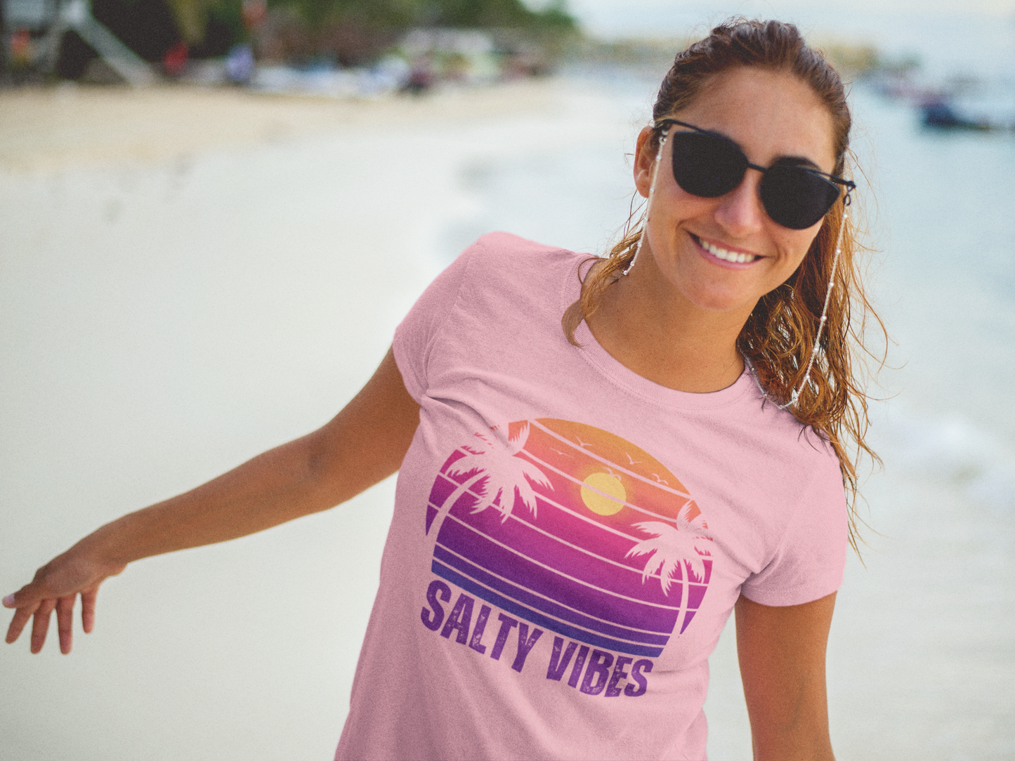 Women's 'SALTY VIBES' Tee Shirt - Designer Beachwear with Retro Sunset Motif