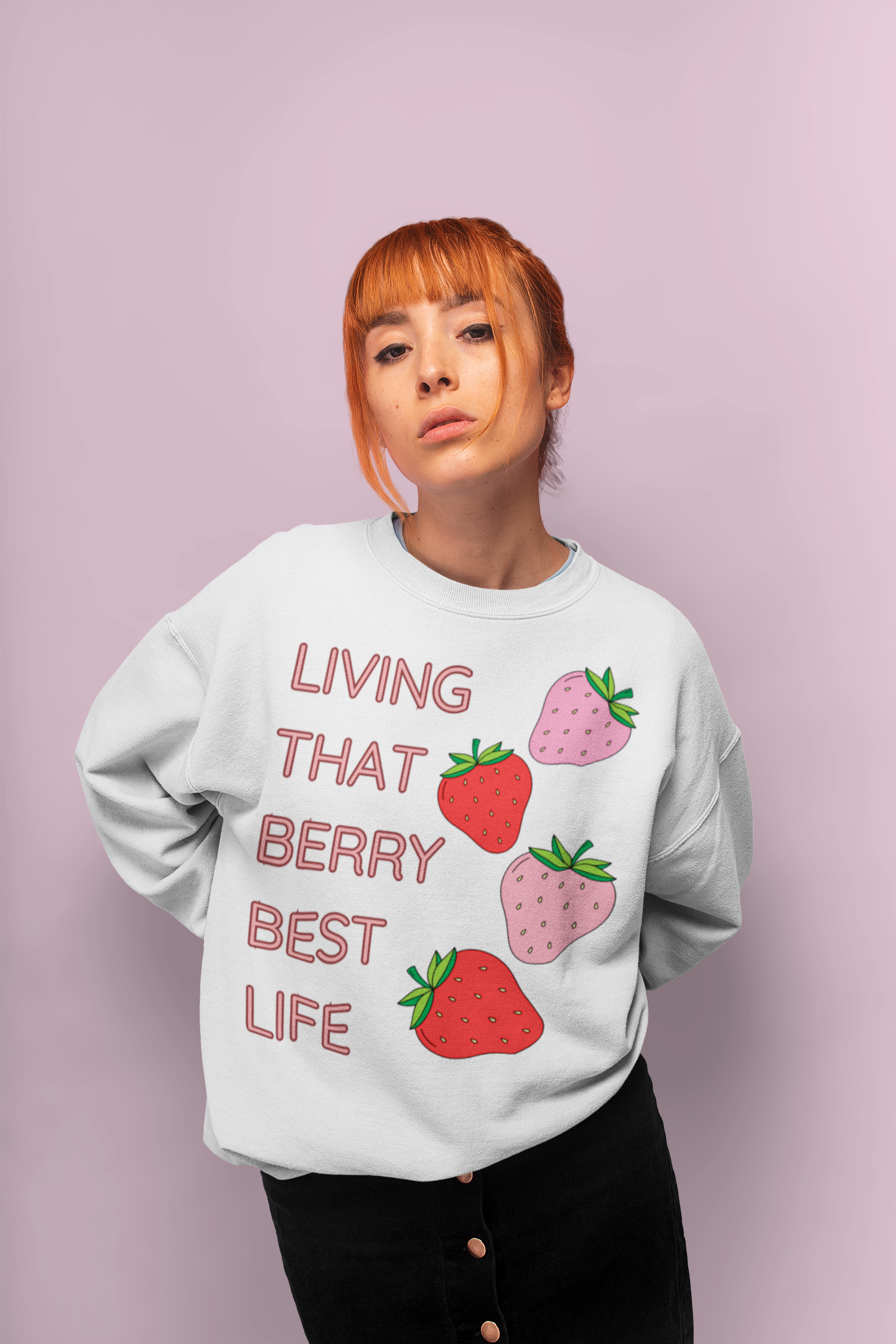 'LIVING THAT BERRY BEST LIFE' - Women's Crew Neck Sweatshirt with Strawberry Design | Comfy and Stylish for Fruit Enthusiasts