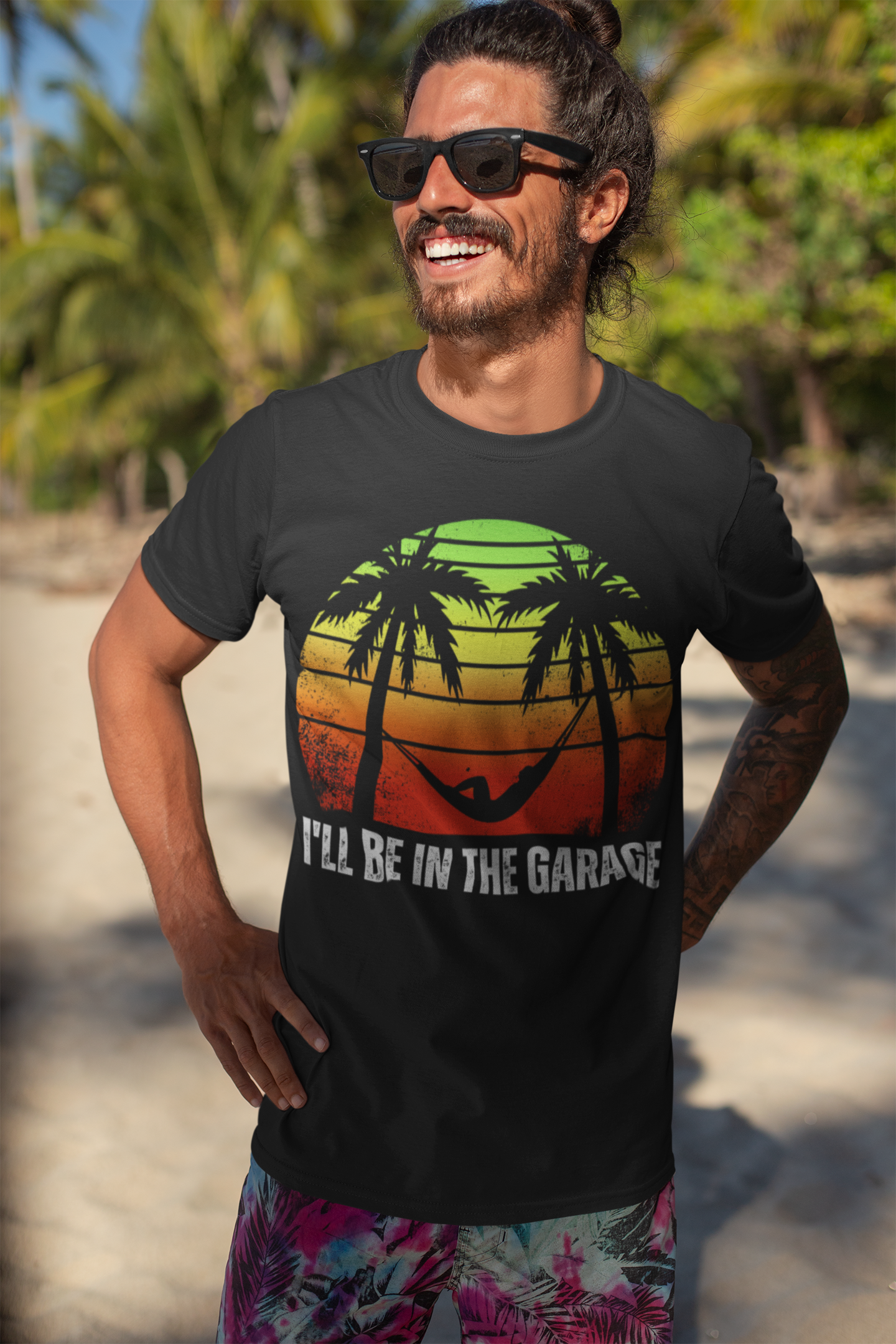 Men's 'I'll Be in the Garage' T-Shirt | Relaxing Retro Sunset & Hammock Print