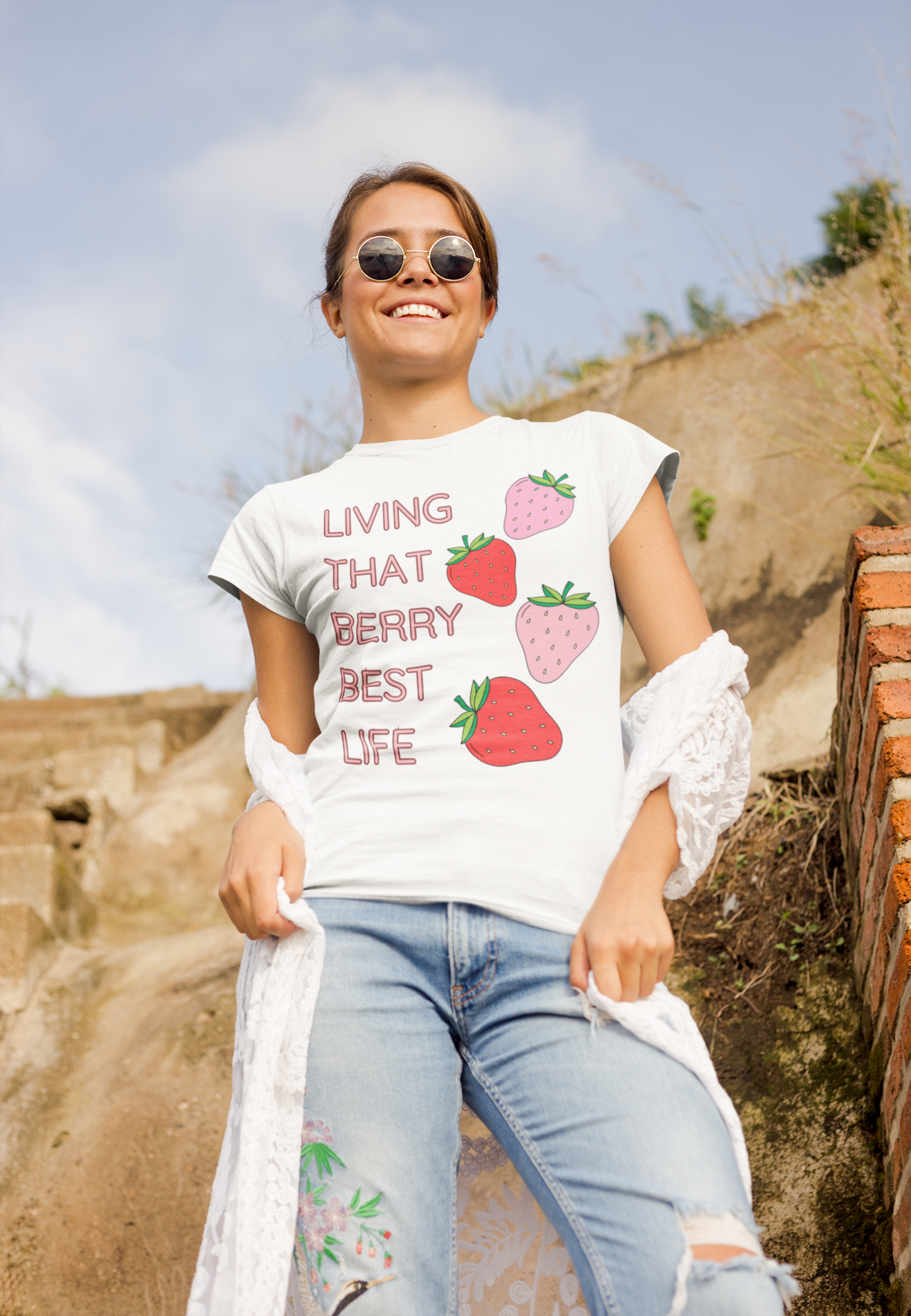 LIVING THAT BERRY BEST LIFE - Women's Designer Tee with Strawberry Design - Chic and Playful