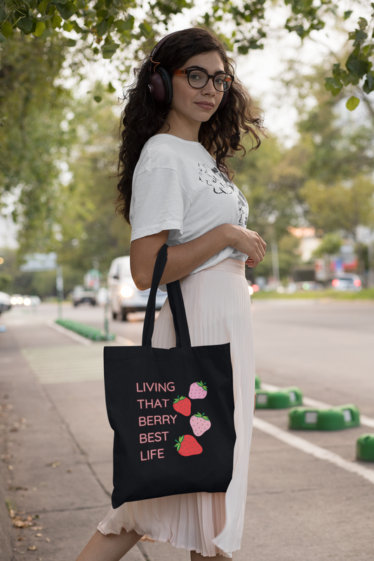 'LIVING THAT BERRY BEST LIFE' - Stylish Strawberry-Design Tote Bag | Perfect Everyday Accessory for Fruit Lovers