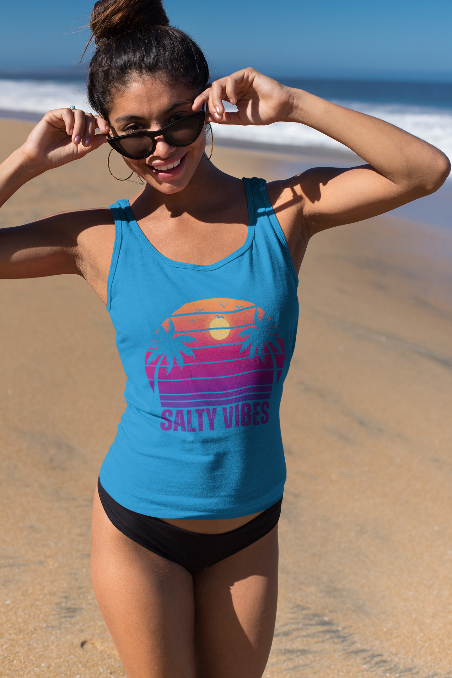 Women's 'SALTY VIBES' Racerback Tank - Elegant Beachwear with a Sunset Palm Design