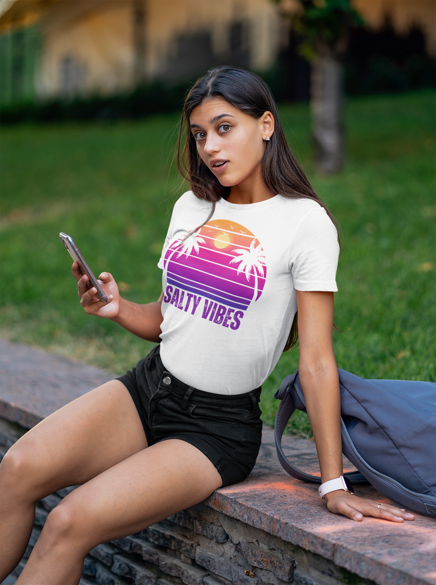 Women's 'SALTY VIBES' Tee Shirt - Designer Beachwear with Retro Sunset Motif