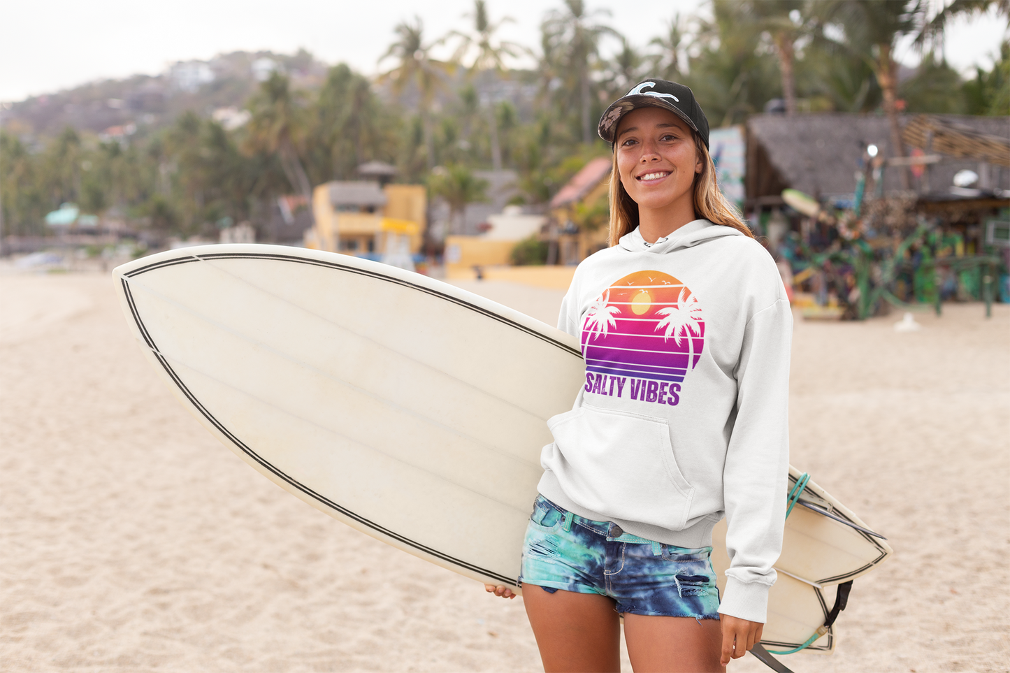 Women's 'SALTY VIBES' Hoodie - Premium Beach Lifestyle Apparel with Sunset Print