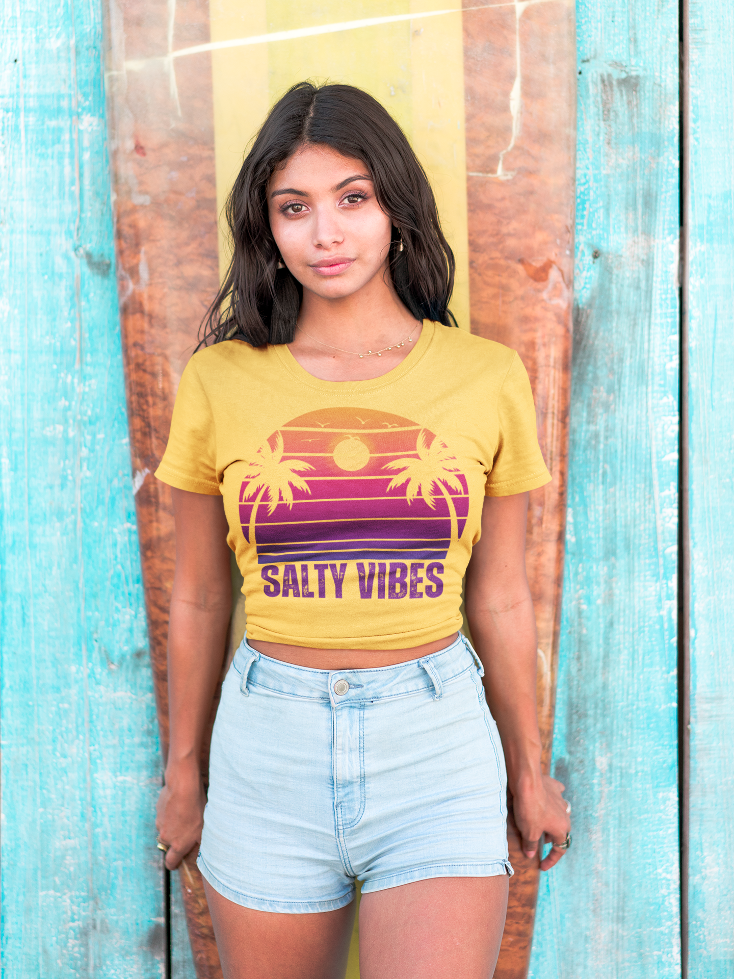 Women's 'SALTY VIBES' Tee Shirt - Designer Beachwear with Retro Sunset Motif