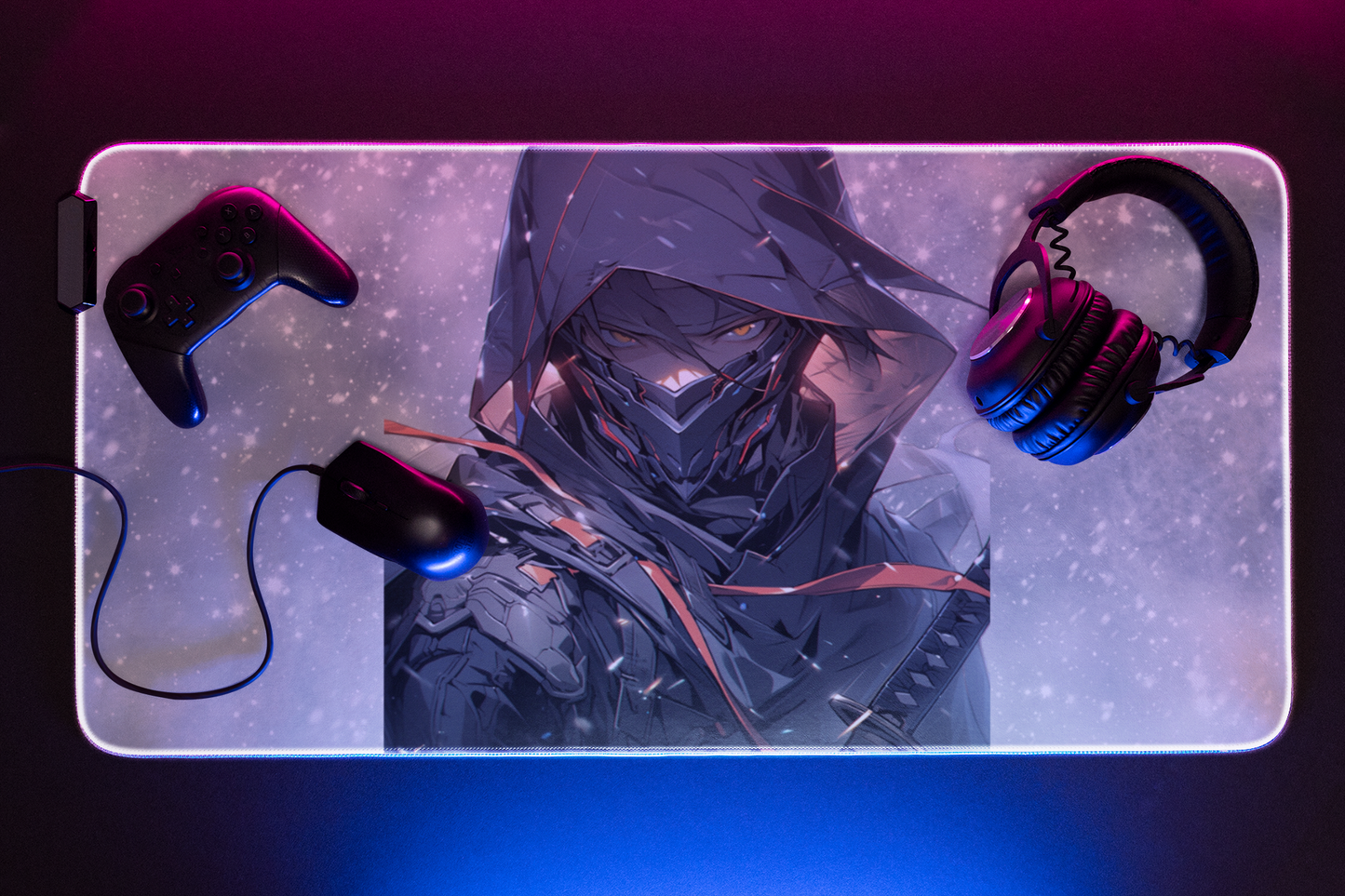 Anime Style 36 × 18  Gaming Mouse Pad - Female Ninja with Stunning Snow Storm Background