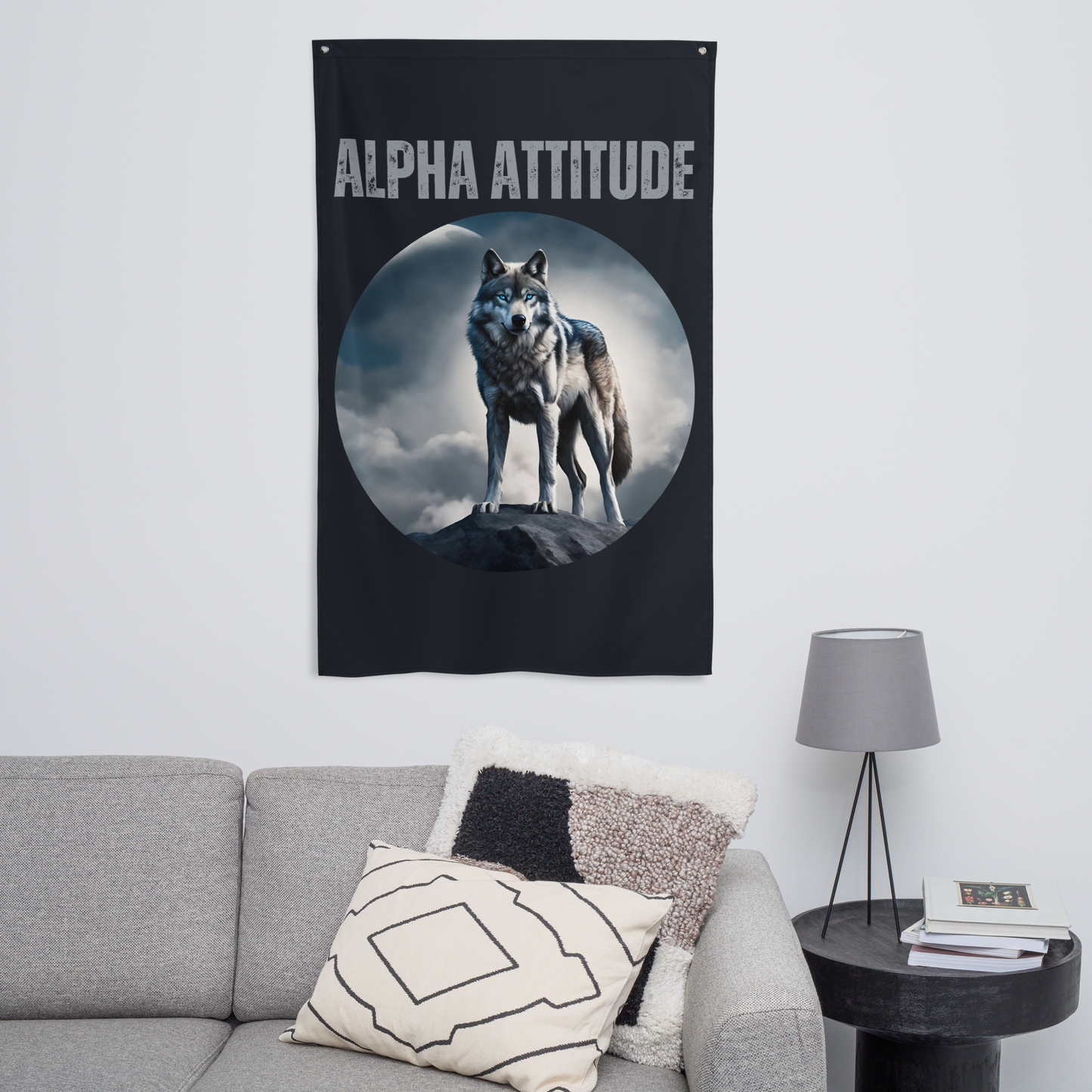 Vertical 'ALPHA ATTITUDE' Wall Flag - Motivational Wolf & Moon Design | Men's Leadership Banner