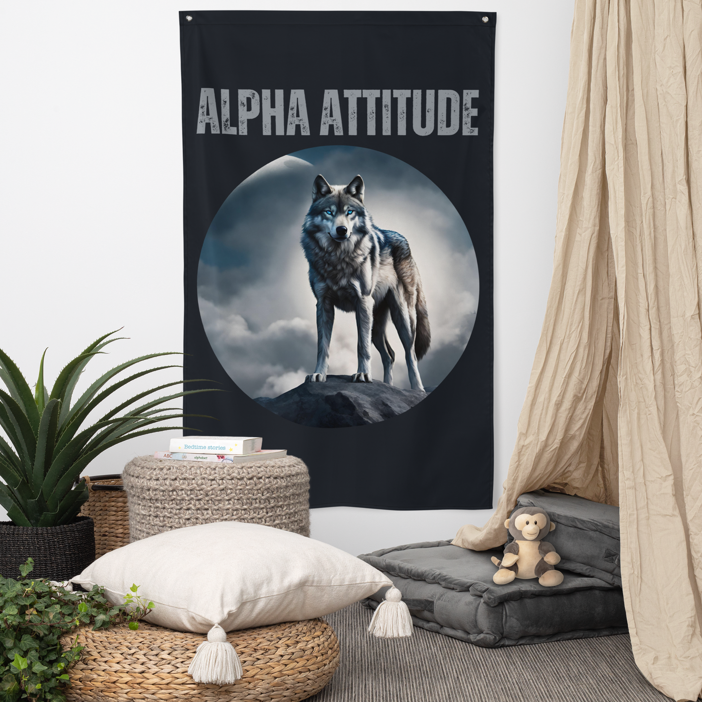 Vertical 'ALPHA ATTITUDE' Wall Flag - Motivational Wolf & Moon Design | Men's Leadership Banner