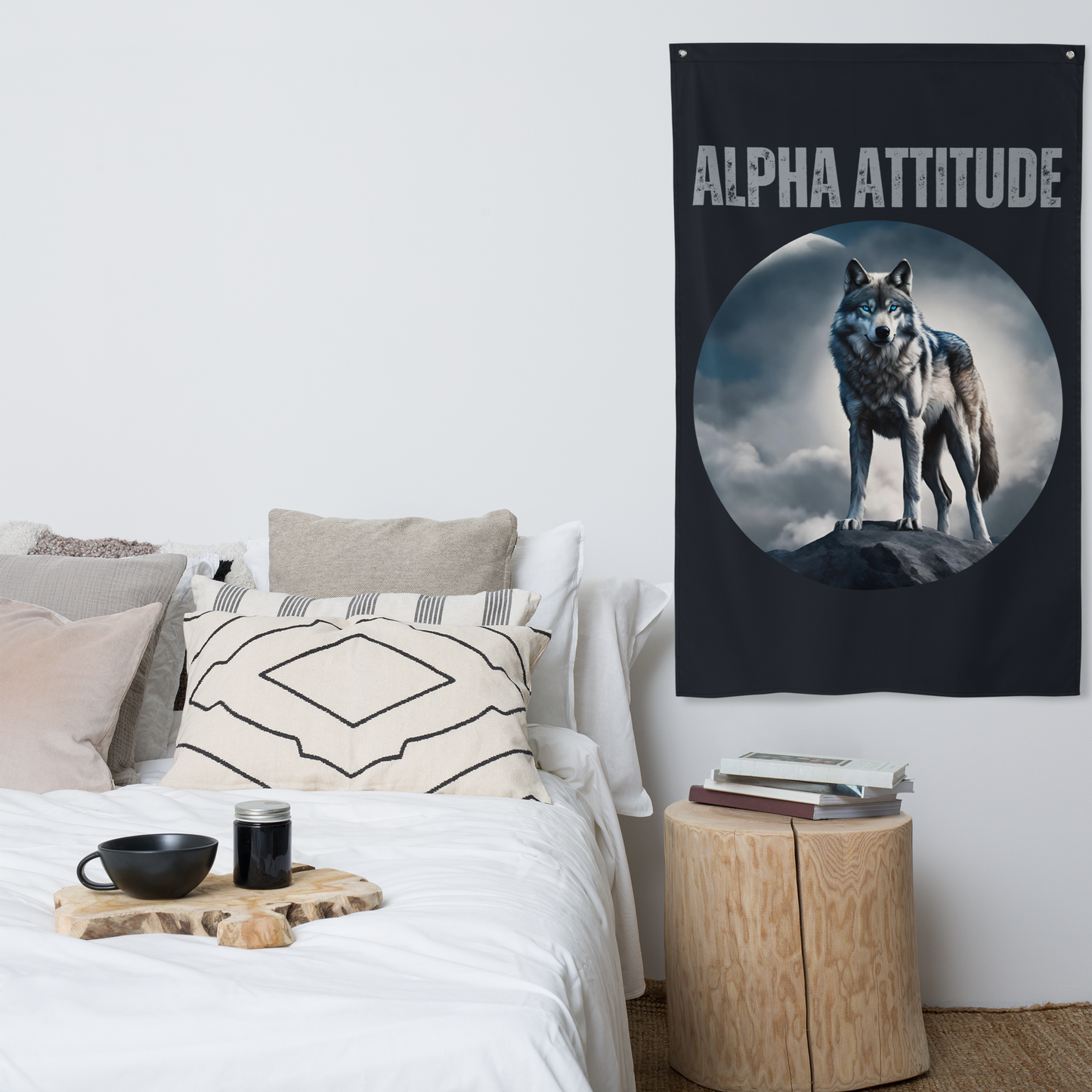 Vertical 'ALPHA ATTITUDE' Wall Flag - Motivational Wolf & Moon Design | Men's Leadership Banner