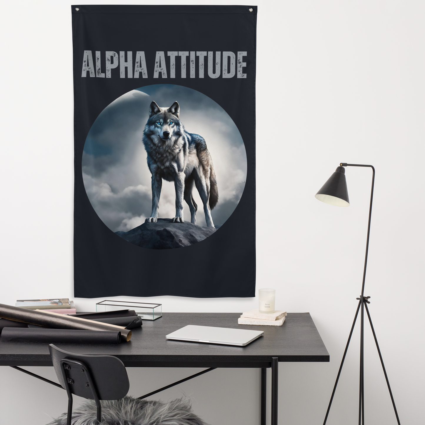 Vertical 'ALPHA ATTITUDE' Wall Flag - Motivational Wolf & Moon Design | Men's Leadership Banner