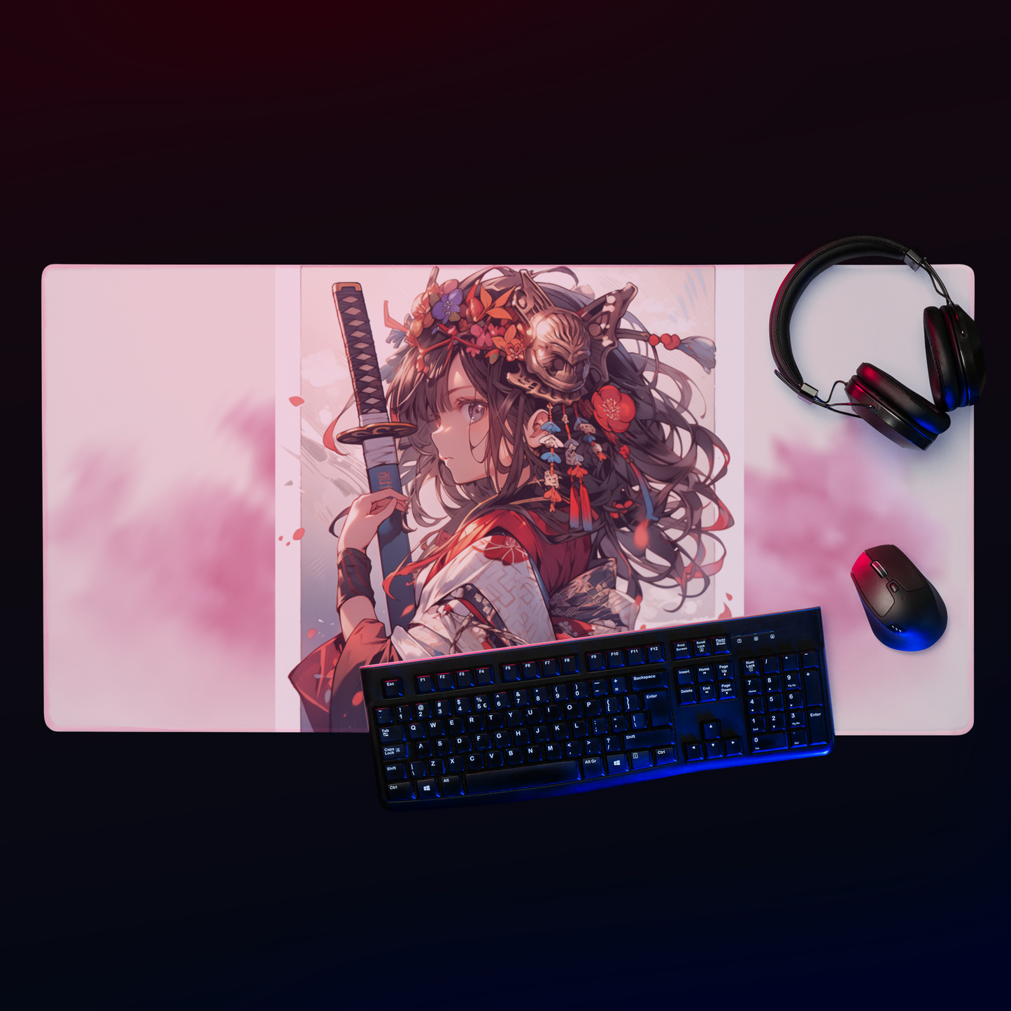 Extended Gaming Mouse Pad: 38"x18" - Anime Art of Geisha Holding Sword - Precision Surface for Gamers