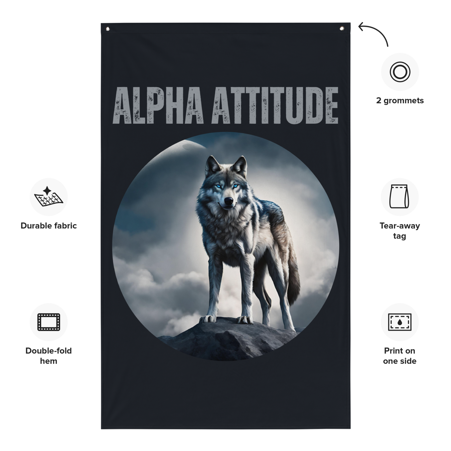 Vertical 'ALPHA ATTITUDE' Wall Flag - Motivational Wolf & Moon Design | Men's Leadership Banner