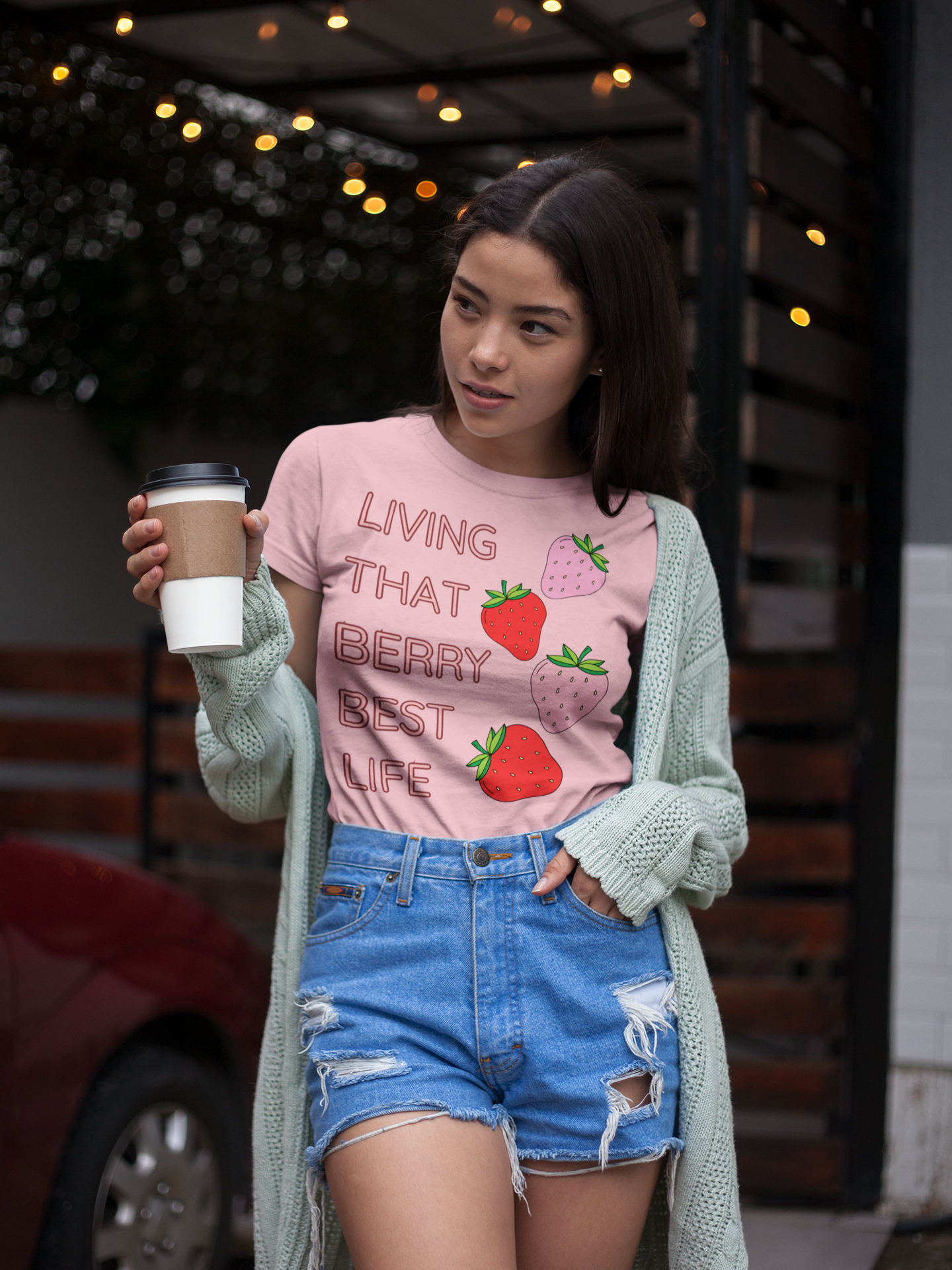 LIVING THAT BERRY BEST LIFE - Women's Designer Tee with Strawberry Design - Chic and Playful