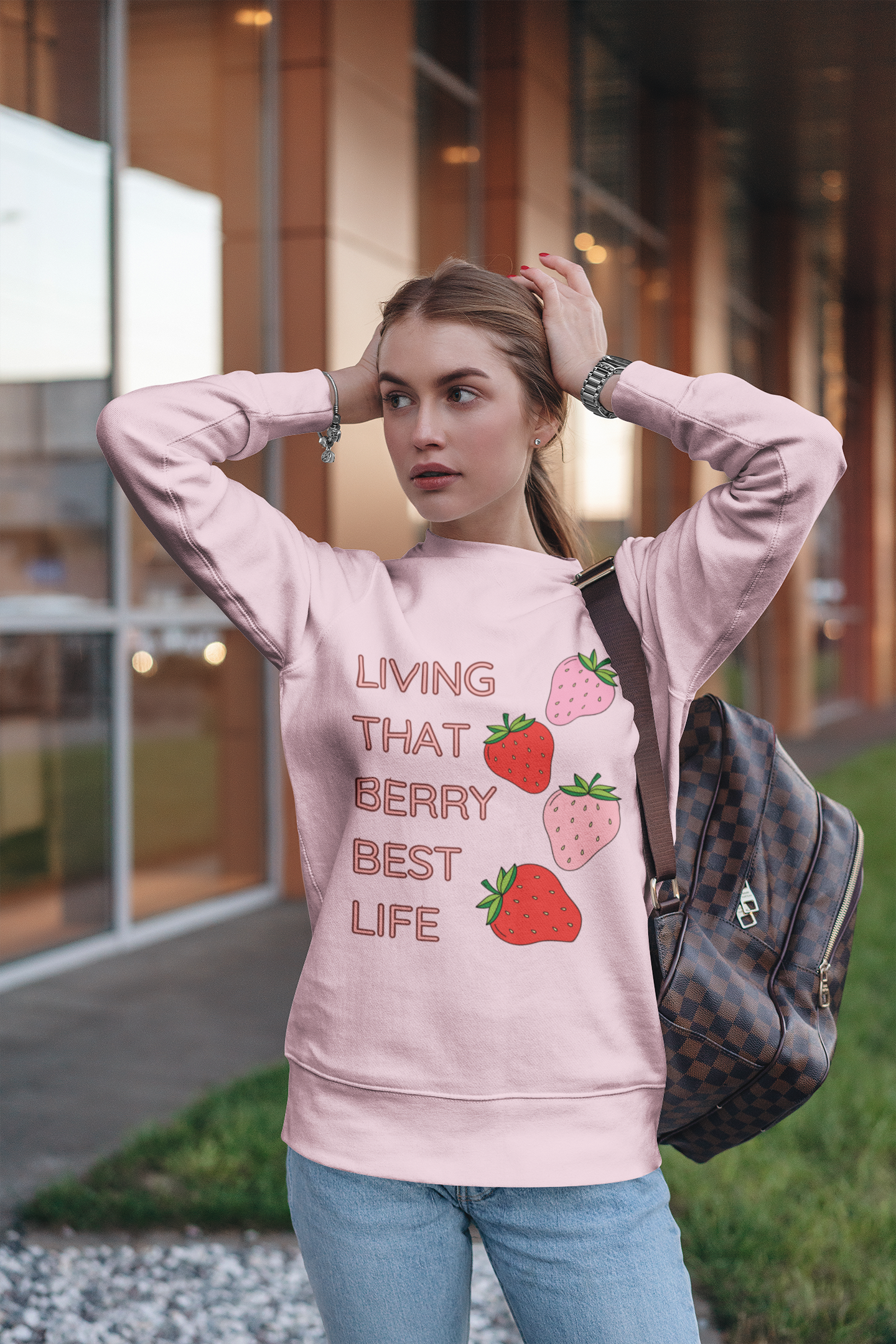 'LIVING THAT BERRY BEST LIFE' - Women's Crew Neck Sweatshirt with Strawberry Design | Comfy and Stylish for Fruit Enthusiasts