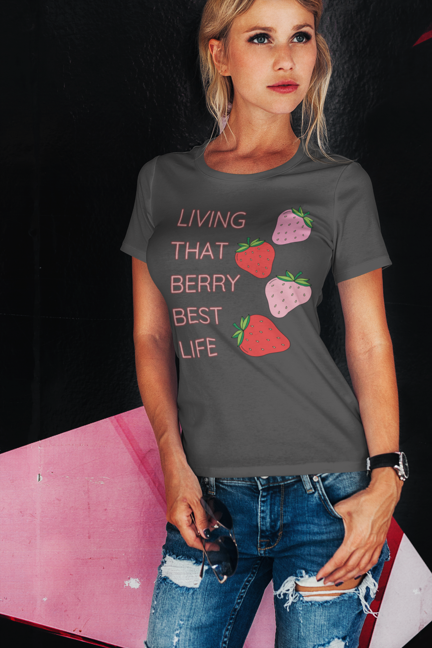 LIVING THAT BERRY BEST LIFE - Women's Designer Tee with Strawberry Design - Chic and Playful