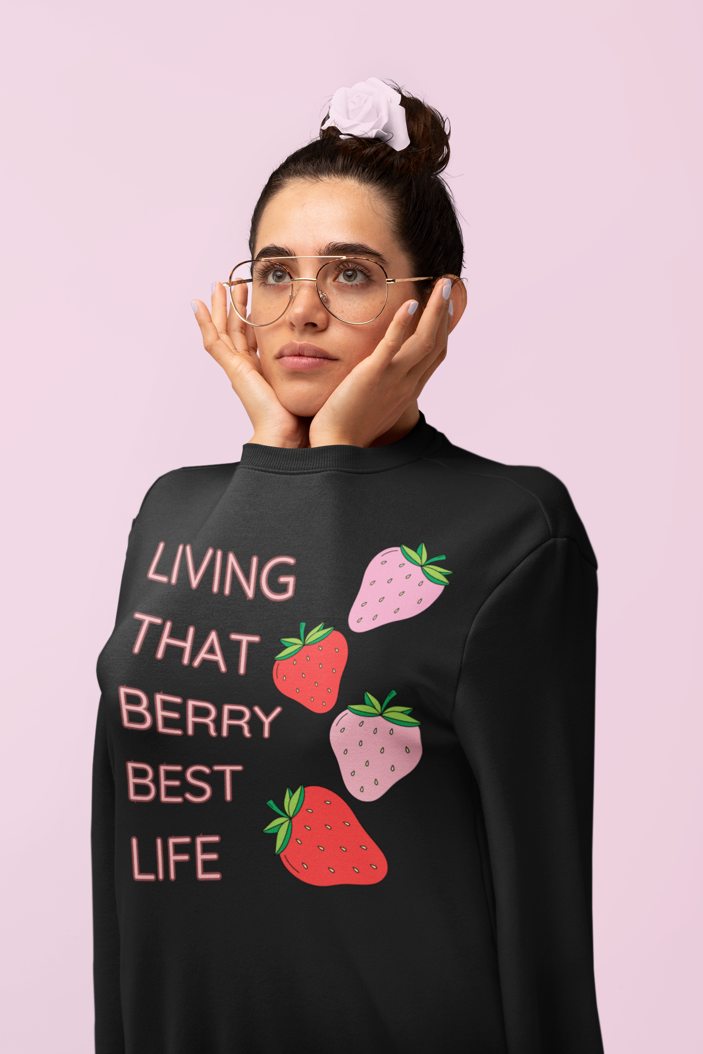 'LIVING THAT BERRY BEST LIFE' - Women's Crew Neck Sweatshirt with Strawberry Design | Comfy and Stylish for Fruit Enthusiasts