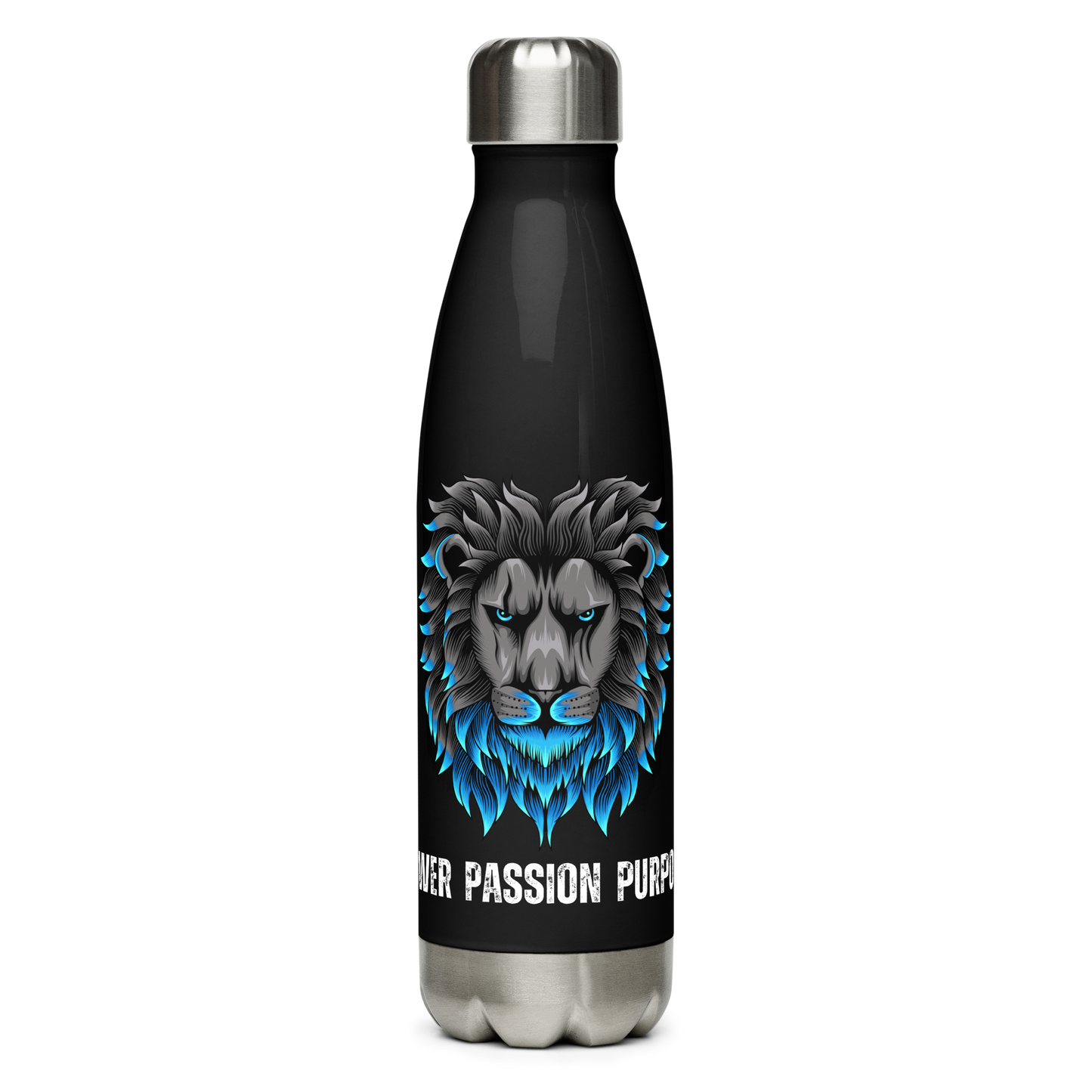 Empowering Men's Black Stainless Steel Water Bottle: Power Passion Purpose with a Bold Lion Design