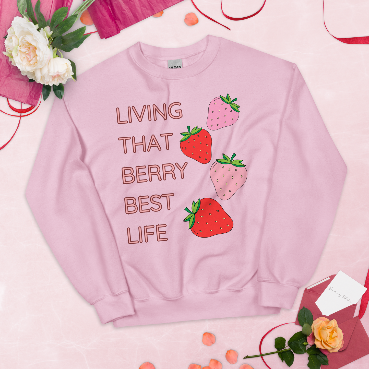 'LIVING THAT BERRY BEST LIFE' - Women's Crew Neck Sweatshirt with Strawberry Design | Comfy and Stylish for Fruit Enthusiasts