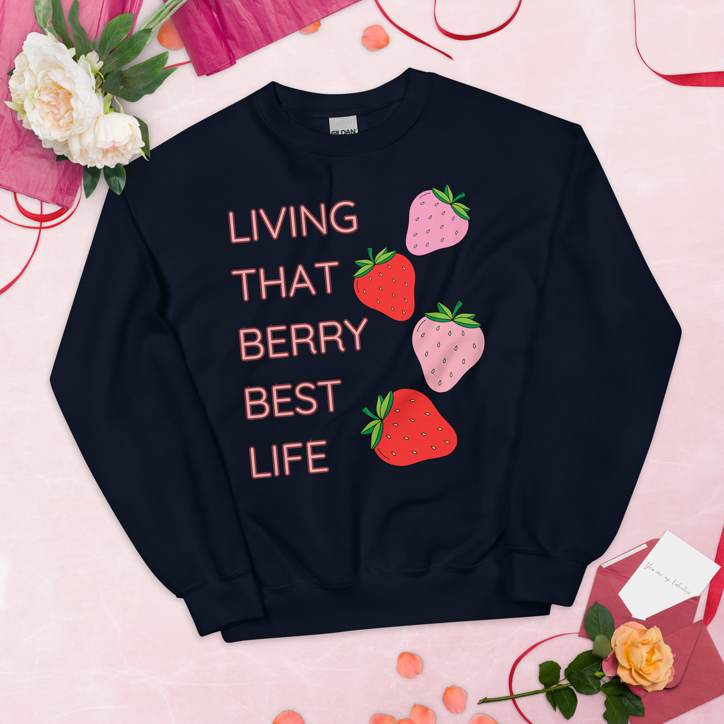 'LIVING THAT BERRY BEST LIFE' - Women's Crew Neck Sweatshirt with Strawberry Design | Comfy and Stylish for Fruit Enthusiasts