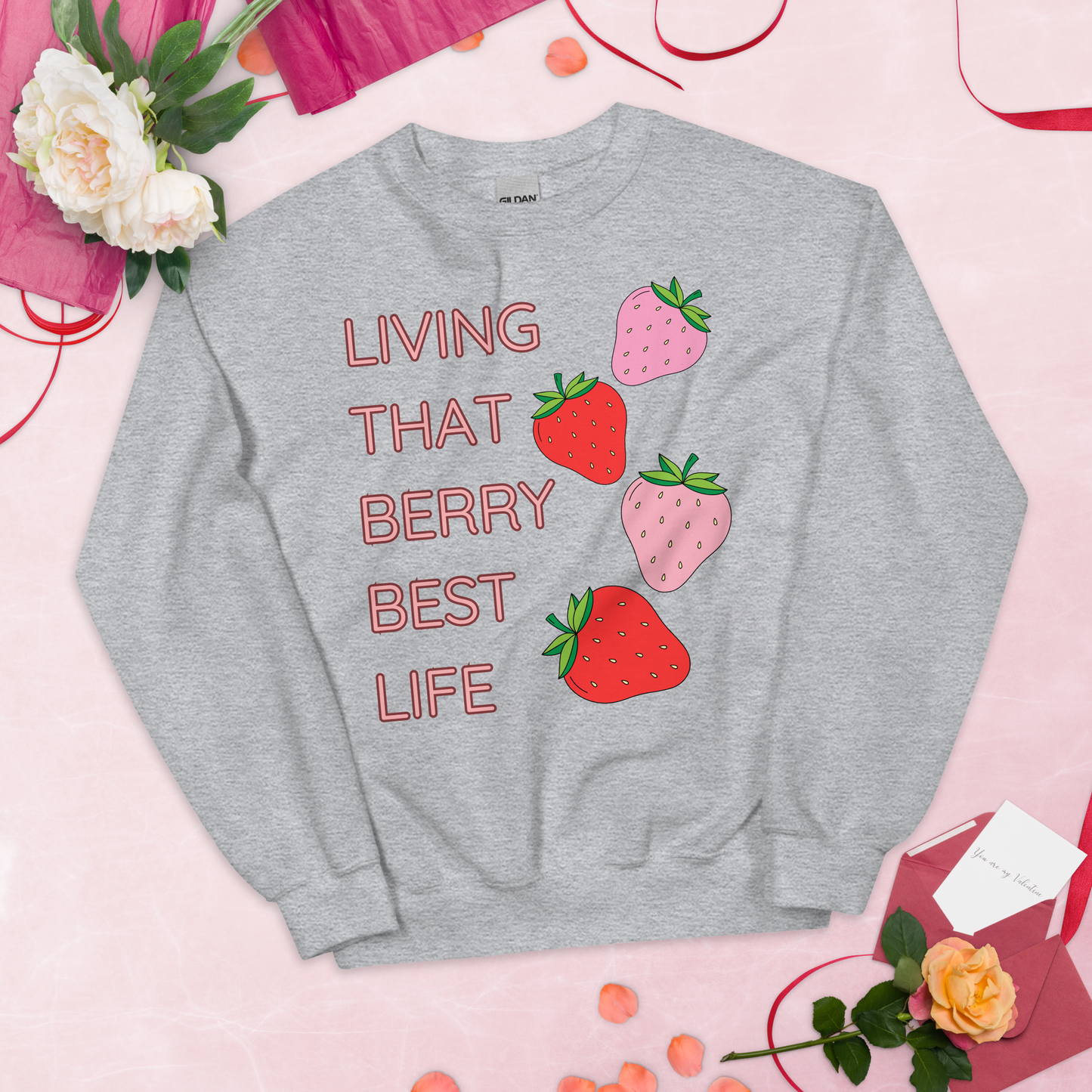 'LIVING THAT BERRY BEST LIFE' - Women's Crew Neck Sweatshirt with Strawberry Design | Comfy and Stylish for Fruit Enthusiasts