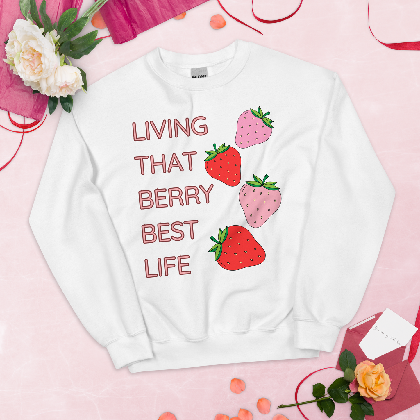 'LIVING THAT BERRY BEST LIFE' - Women's Crew Neck Sweatshirt with Strawberry Design | Comfy and Stylish for Fruit Enthusiasts