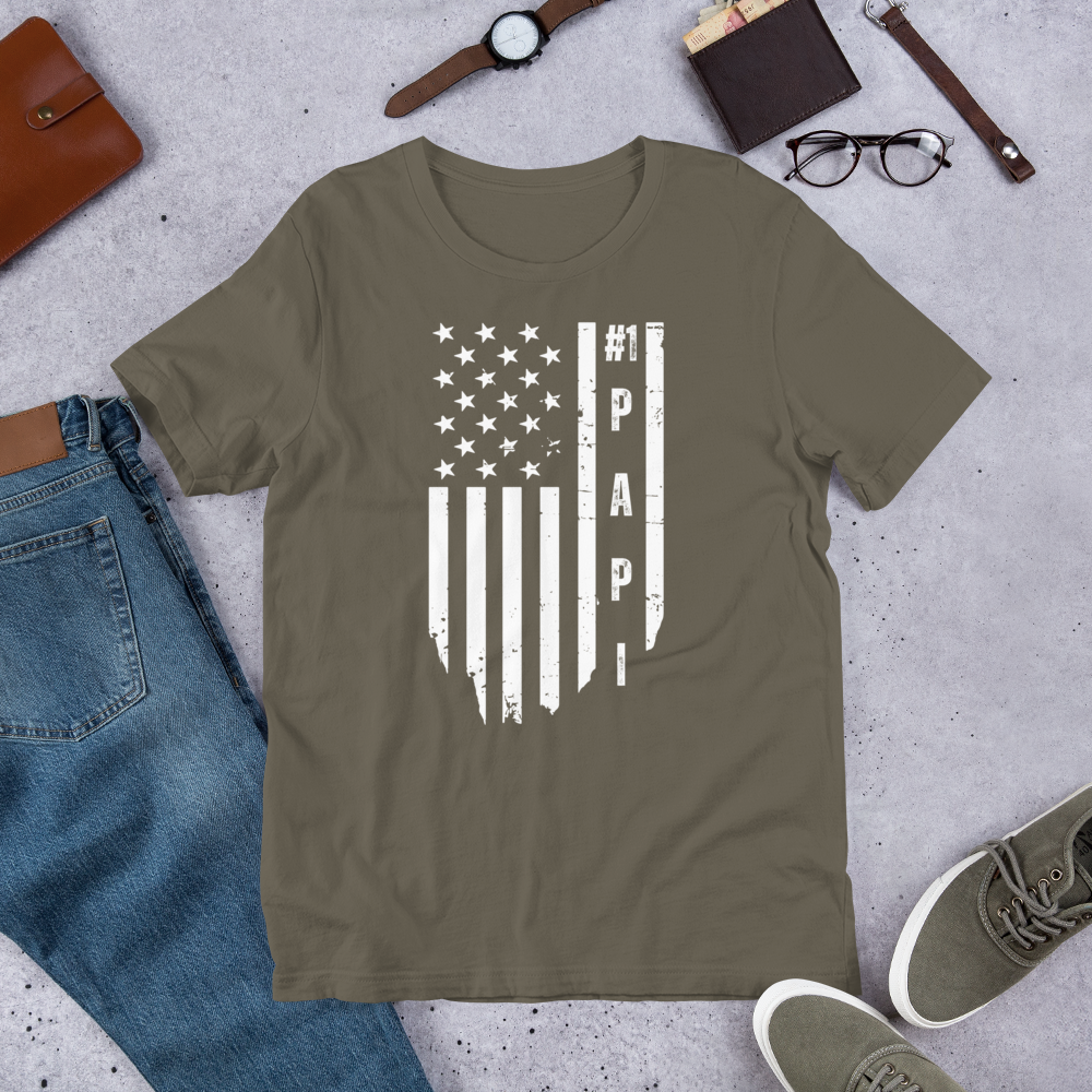 Men's #1 Papi Designer Tee | Faded American Flag Background | Patriotic Father's Day Gift