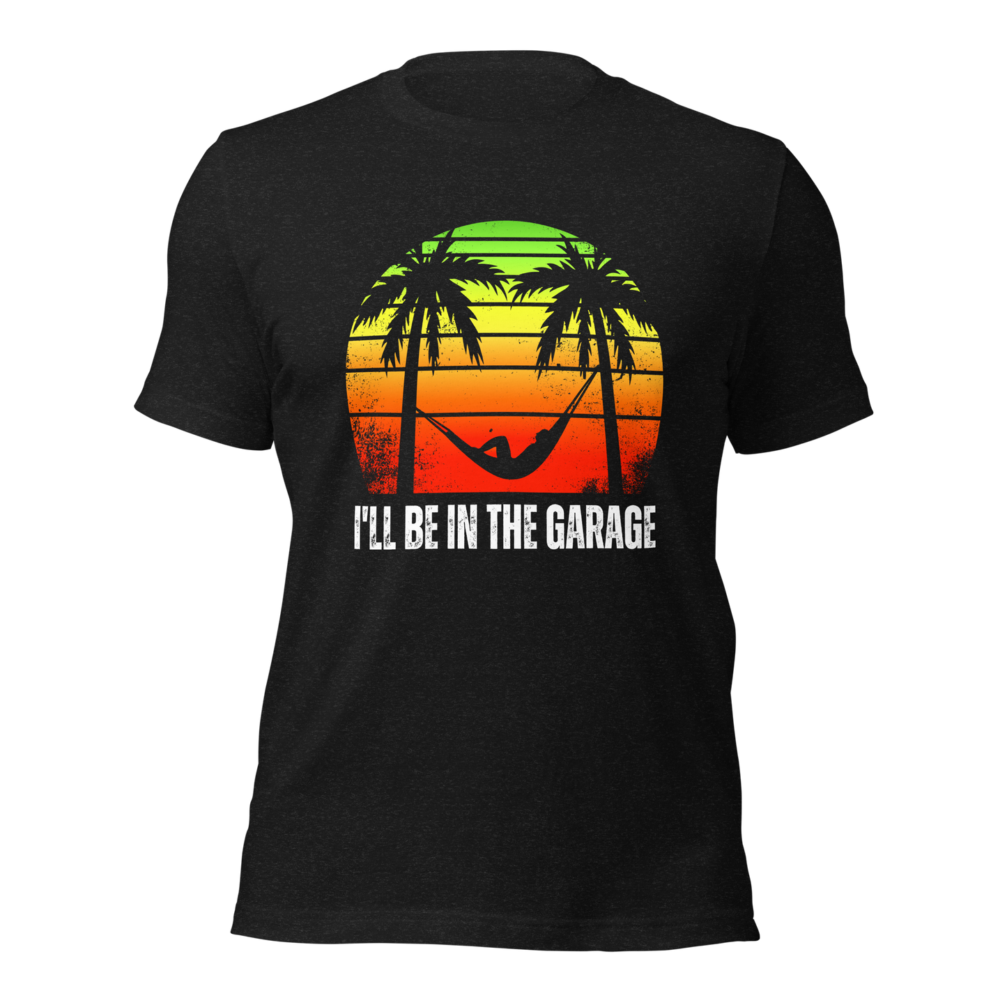 Men's 'I'll Be in the Garage' T-Shirt | Relaxing Retro Sunset & Hammock Print