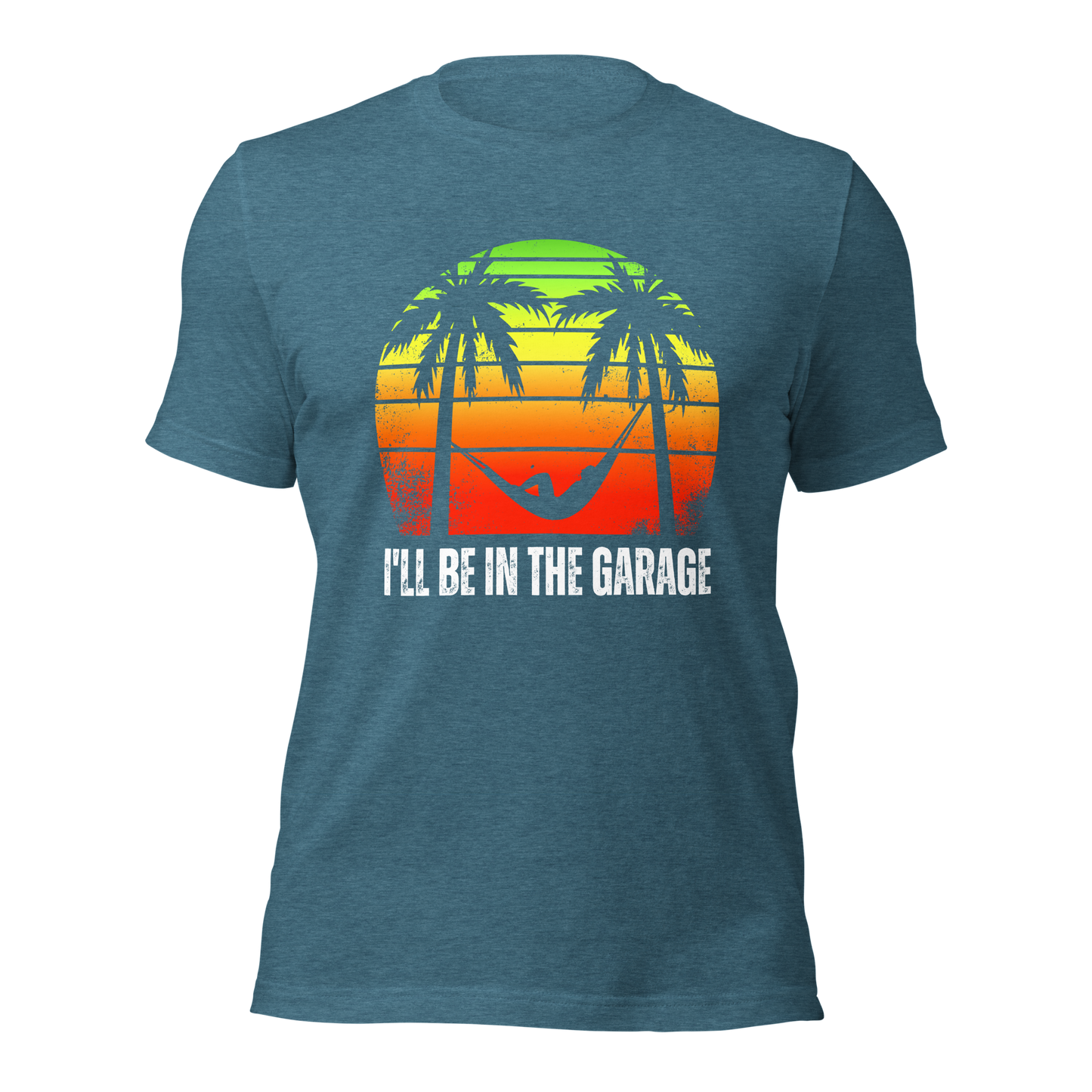 Men's 'I'll Be in the Garage' T-Shirt | Relaxing Retro Sunset & Hammock Print